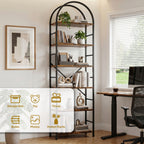 Vongrasig 6 Tier Arched Bookshelf, Industrial Tall Open Bookcase | 80”H Display Standing Shelf with Sturdy Wood and Metal Frame for Home Office, Living Room, Bedroom