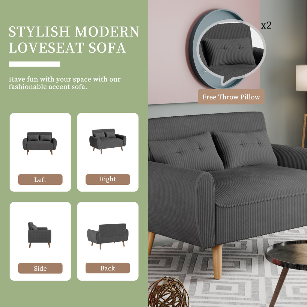 Vongrasig 48" Small Modern Loveseat Sofa, Mid Century Soft Corduroy Fabric 3-Seat Sofa Couch Tufted with Back Cushions and Tapered Legs for Living Room, Bedroom and Small Space
