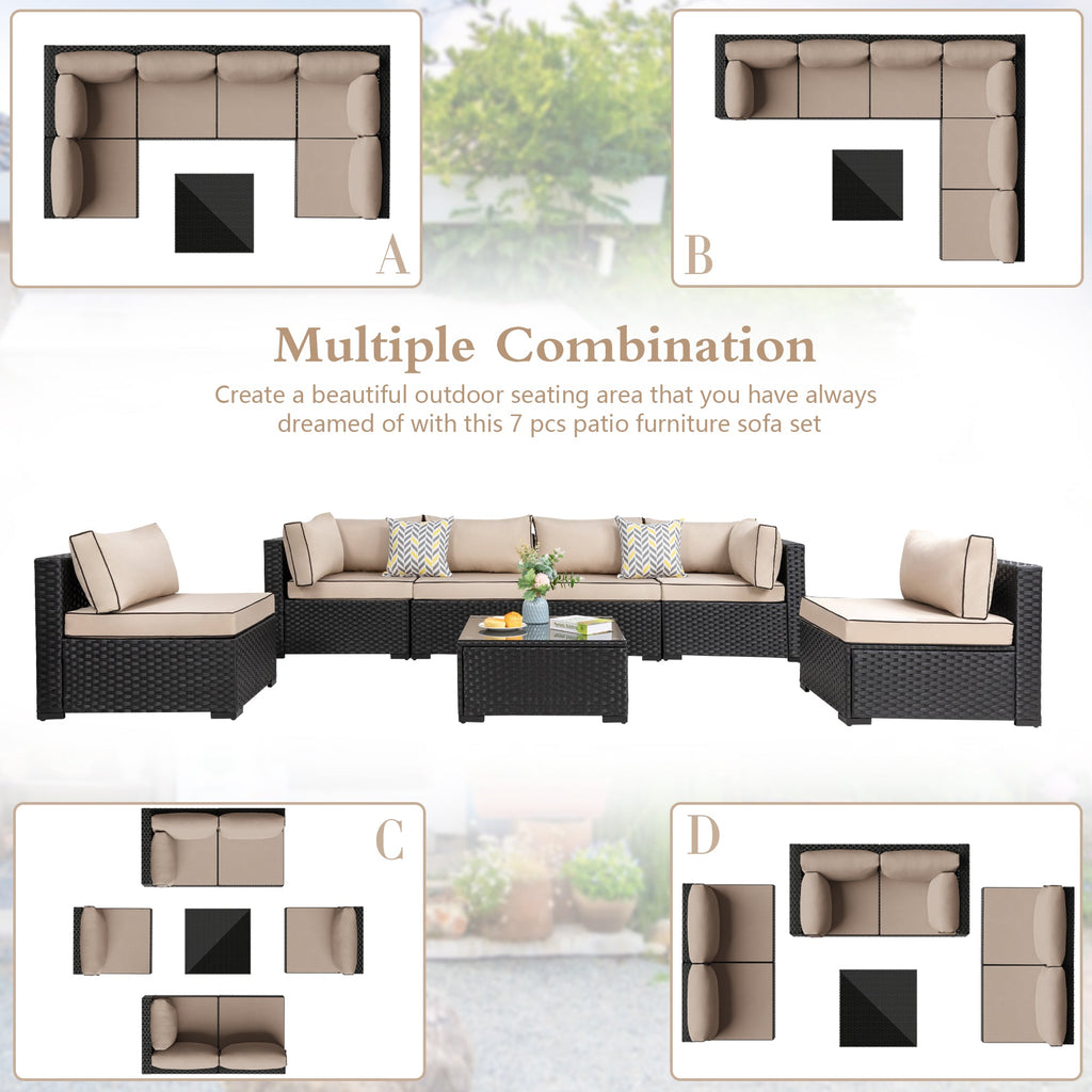 Vongrasig Patio Furniture 7 Pieces Outdoor Sectional Sofa Set, Black Wicker