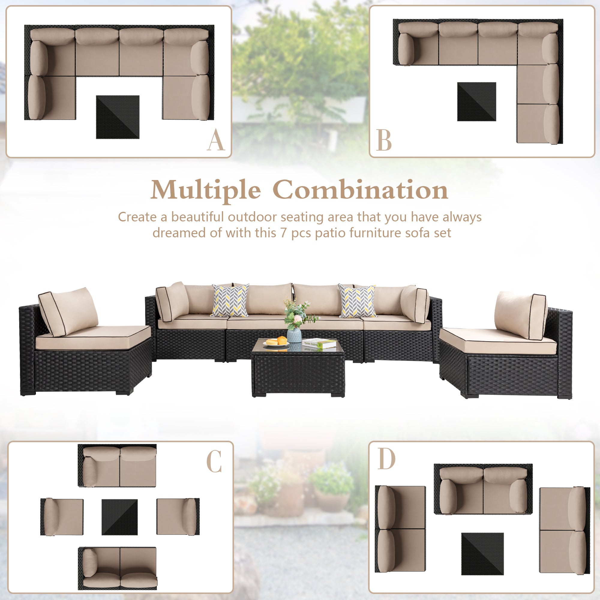 Vongrasig Patio Furniture 7 Pieces Outdoor Sectional Sofa Set, Black Wicker