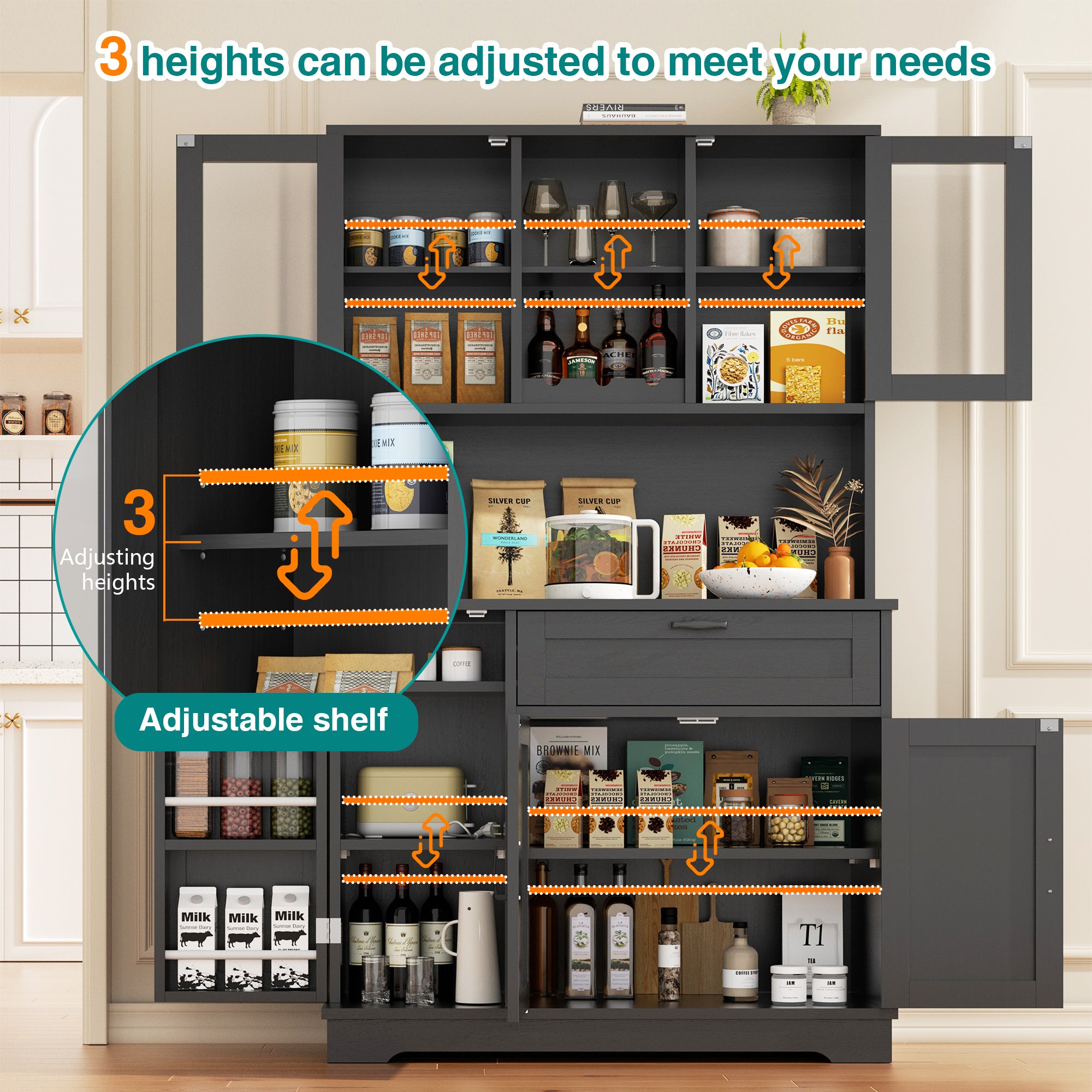 Vongrasig Kitchen Pantry Cabinet, Farmhouse Kitchen Hutch Tall Storage Cabinet with Doors and Shelves, Modern Food Pantry for Dining Room