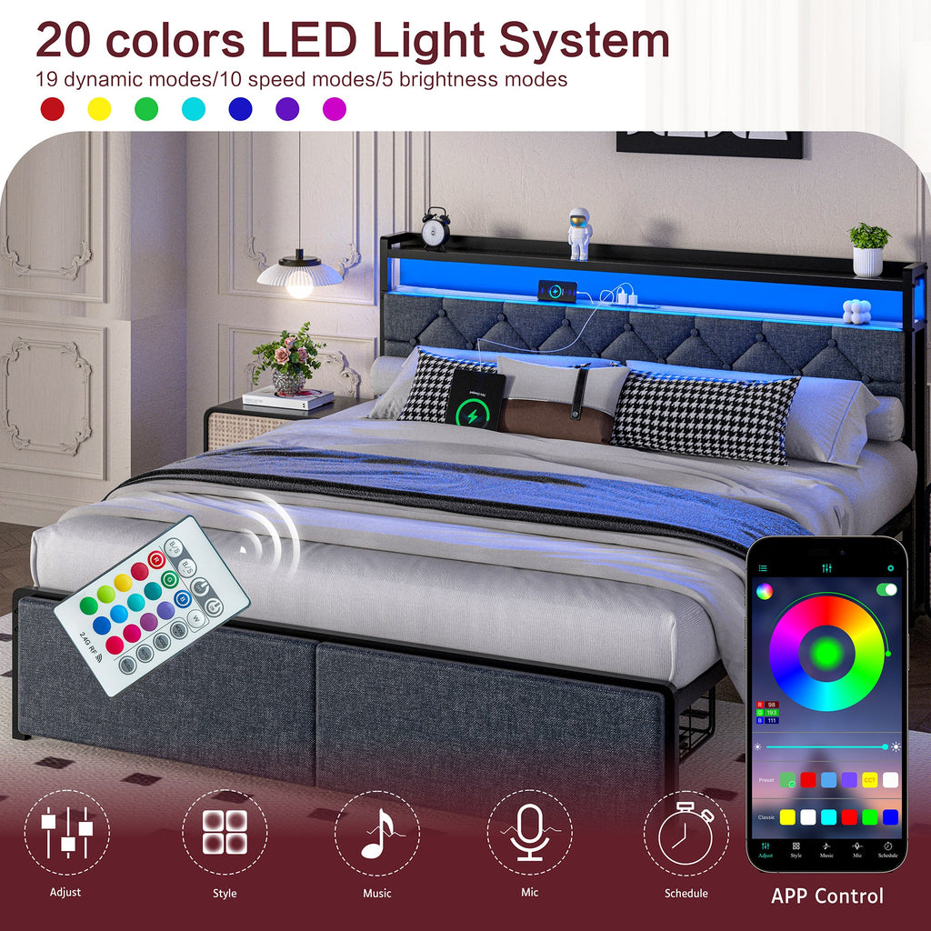 Walsunny Bed Frame with Led Light and 2 Drawers Metal Platform Bed with Button Tufted Headboard Strong Metal Slats (7504175136944)