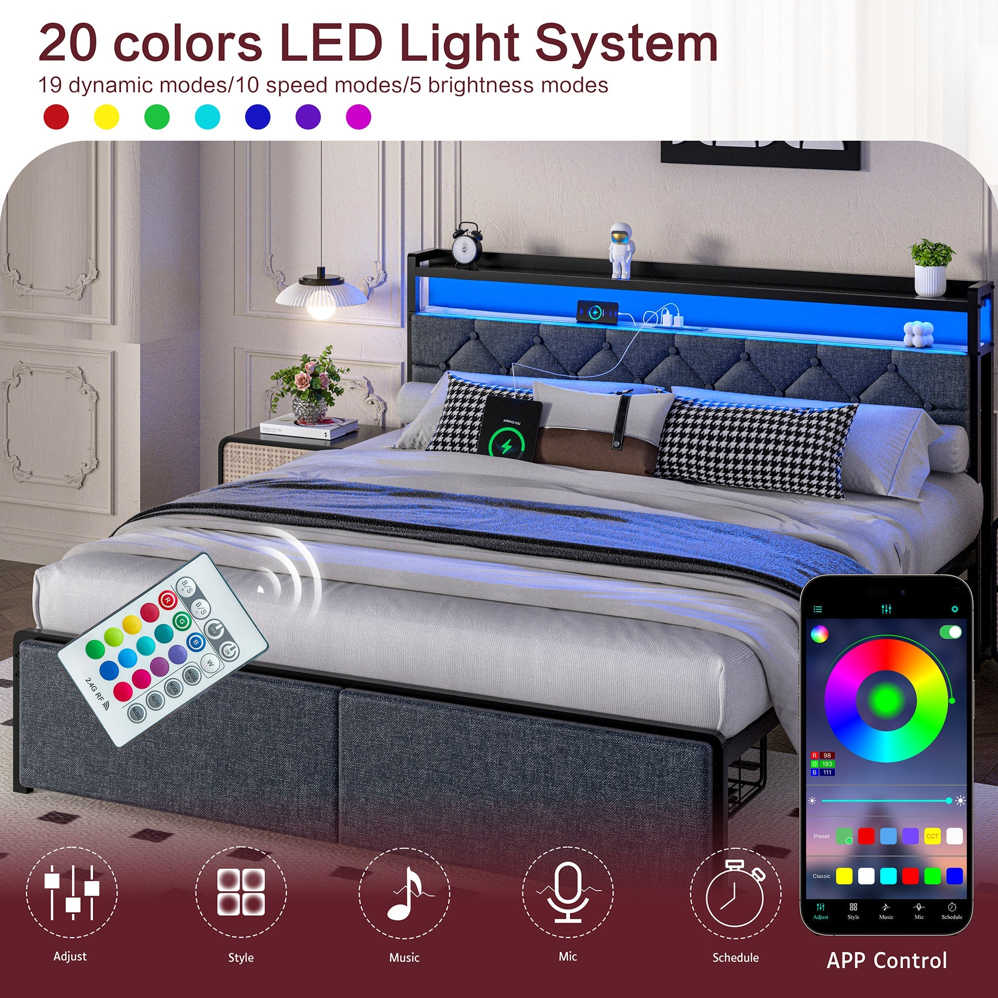 Walsunny Bed Frame with Led Light and 2 Drawers Metal Platform Bed with Button Tufted Headboard Strong Metal Slats (7504175136944)