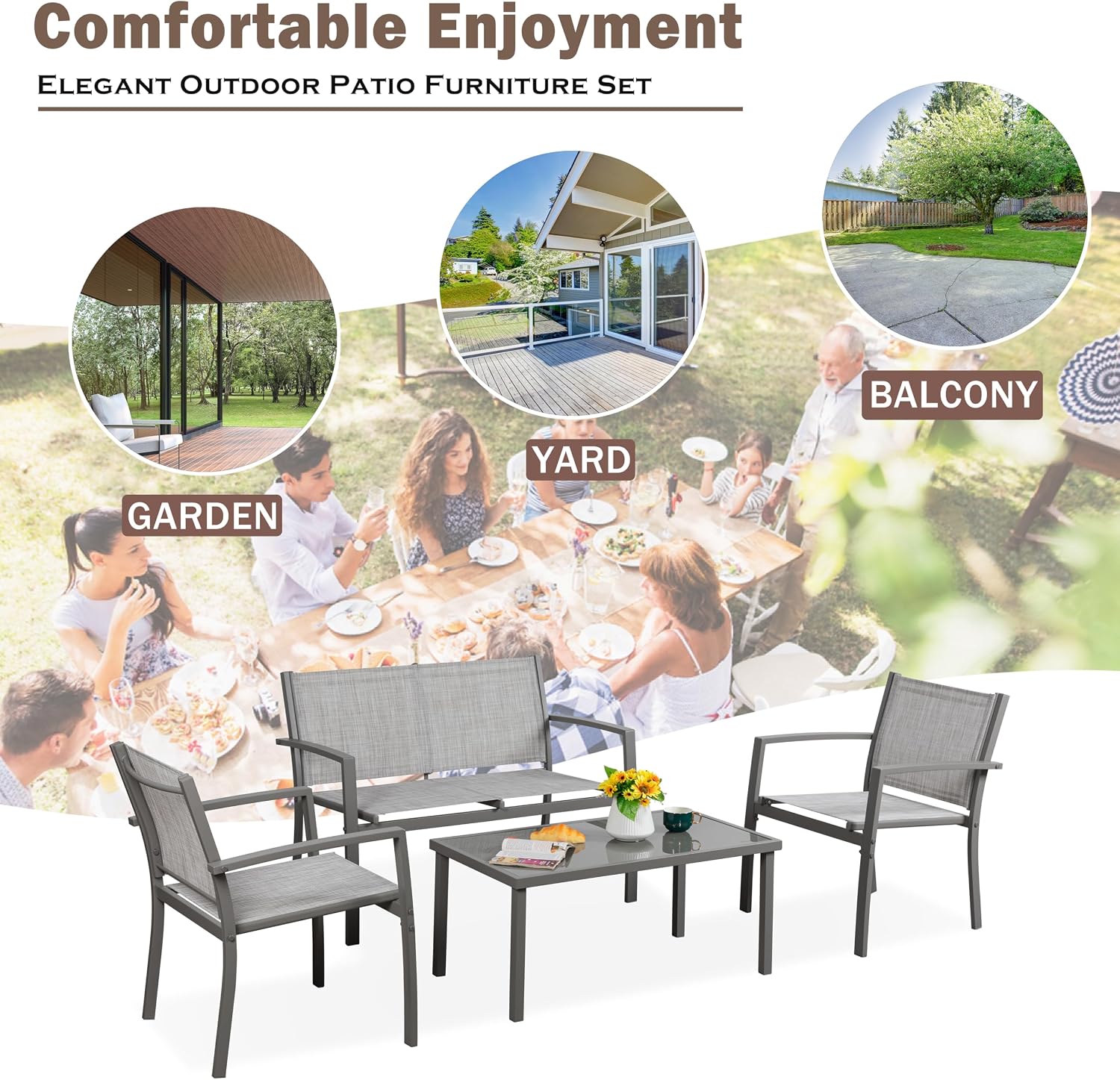 Vongrasig 4 Pieces Patio Furniture Sets,Outdoor Patio Conversation Sets with Glass Coffee Table, Small Porch Balcony Furniture, Patio Table and Chairs Set for Garden, Backyard