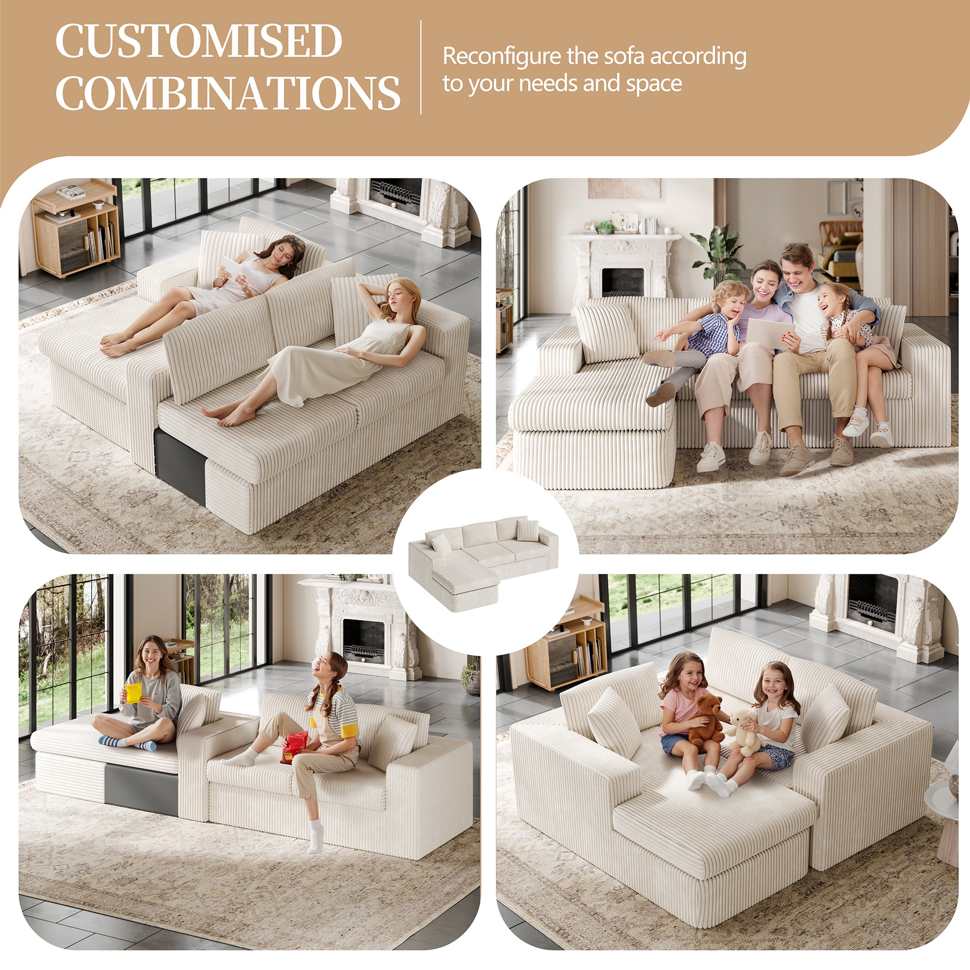 Vongrasig 105" Boneless Couches for Living Room, Sectional Couches Modular Sofa with L-Shaped Chaise, Memory Foam Comfy Cloud Couch with Plush Corduroy Fabric, No Assembly Required