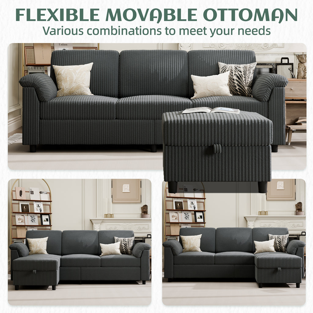 Vongrasig Convertible Sectional Sofa Couch, 3 Seat L Shaped Sofa with Removable Pillows Soft Corduroy Fabric Small Couch Mid Century for Living Room, Apartment and Office, Dark Grey