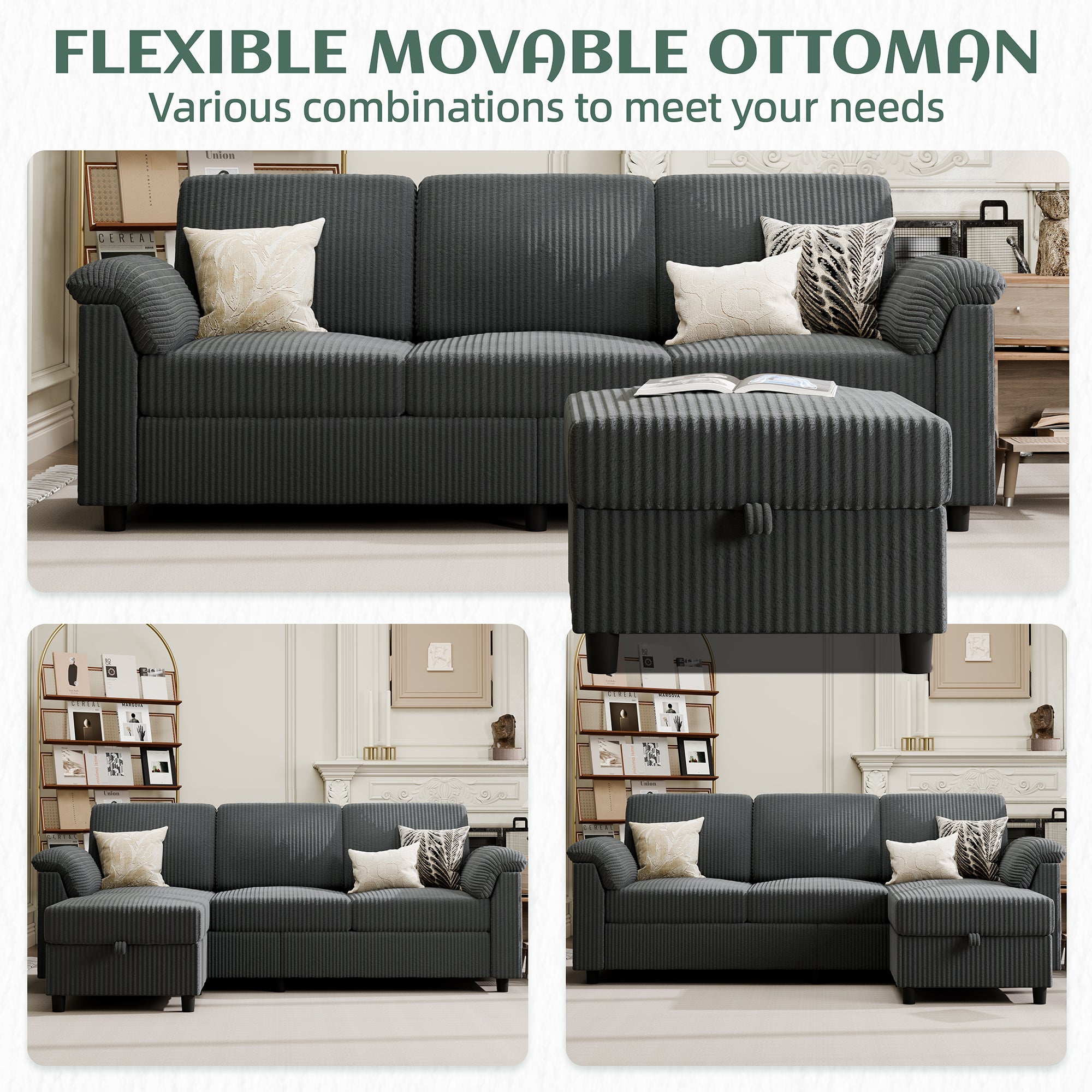 Vongrasig Convertible Sectional Sofa Couch, 3 Seat L Shaped Sofa with Removable Pillows Soft Corduroy Fabric Small Couch Mid Century for Living Room, Apartment and Office, Dark Grey