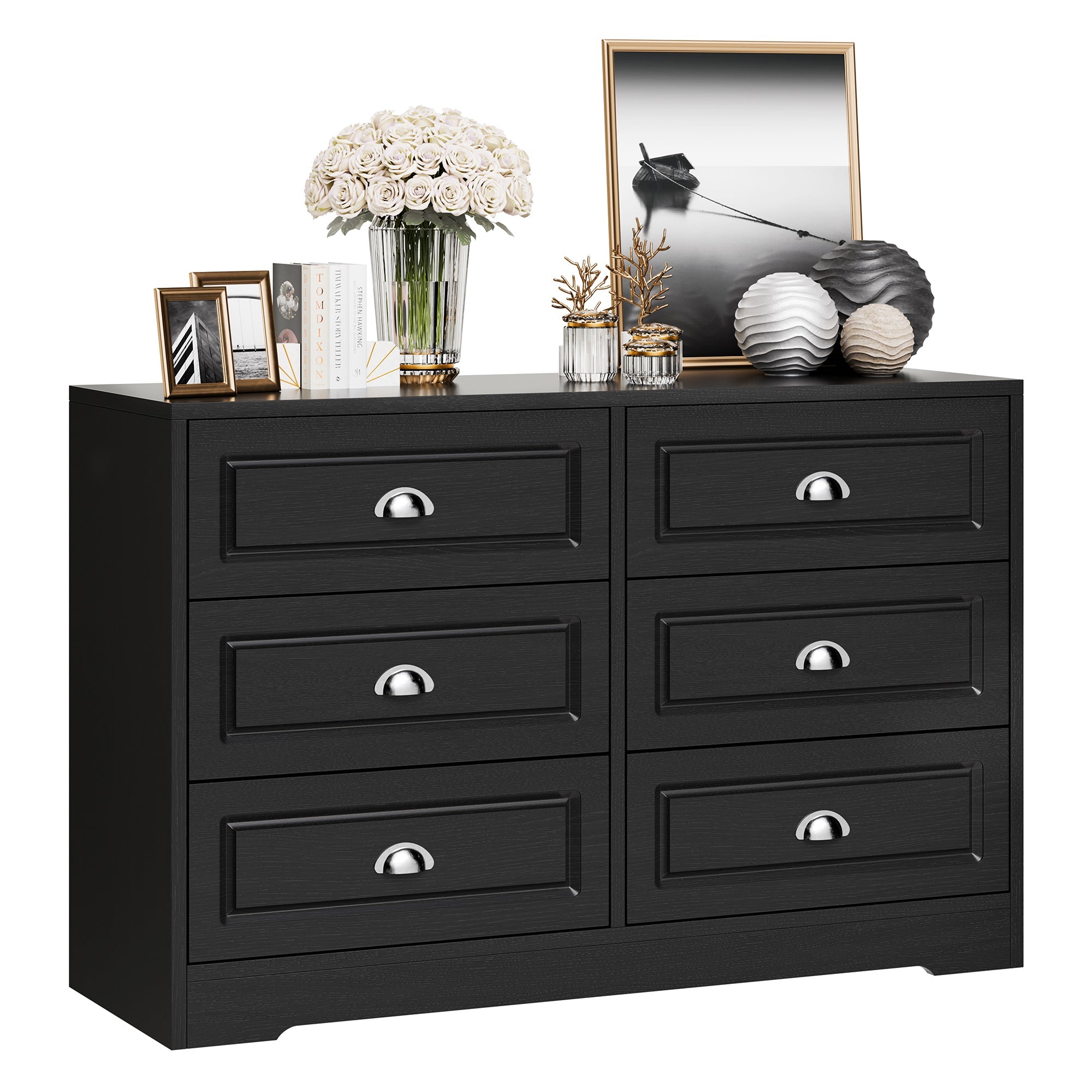 Walsunny 9 Drawer Double Dresser Black Wooden Wide Chest of Drawers with Metal Handles Storage Organizer Dresser Nursery Dresser for Living Room Hallway (7504222027952)