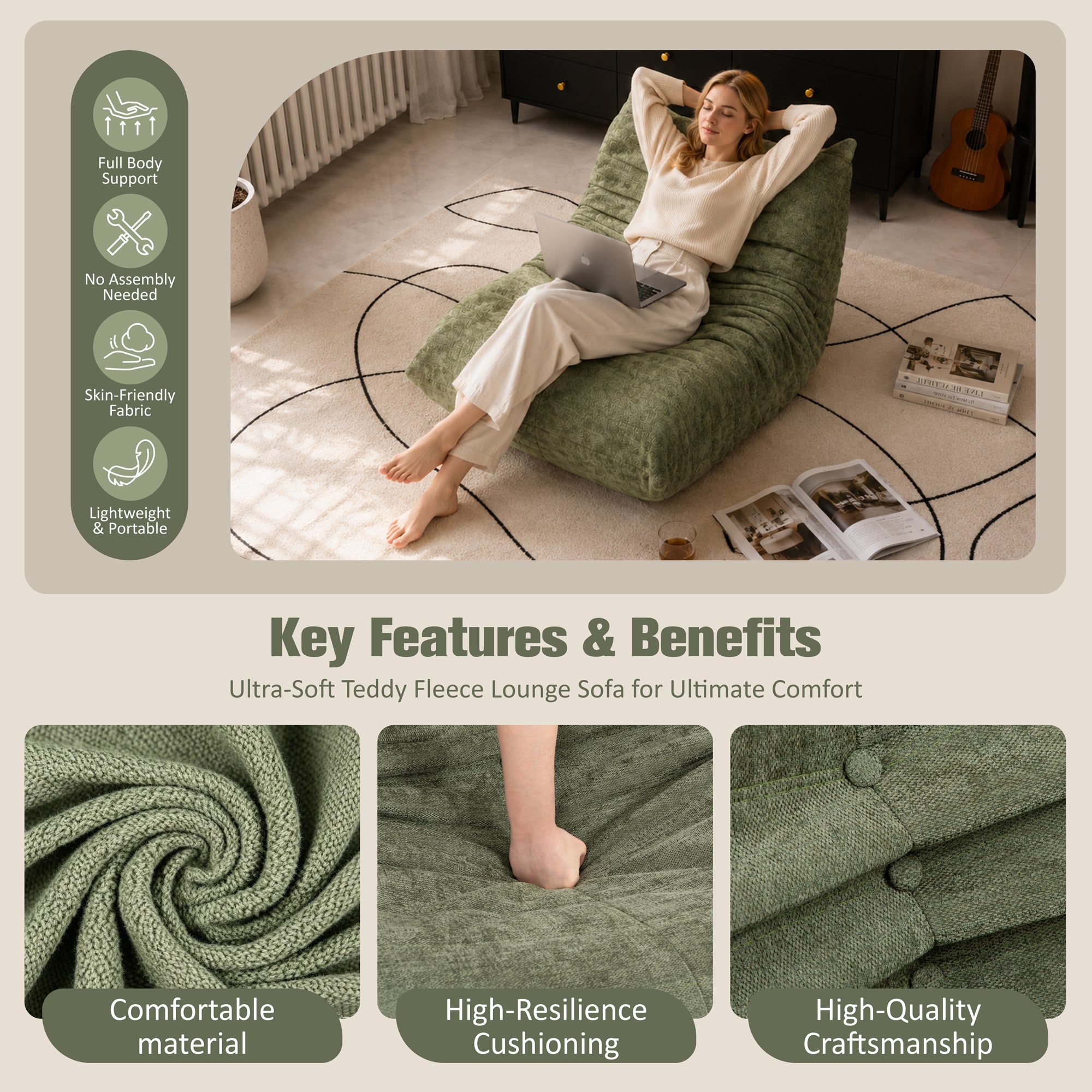 Vongrasig Bean Bag Chair for Adults, Line Fabric Lazy Sofa Couch, Memory Foam Filled Bean Bag Lounge Chair Perfect for Living Room, Bedroom and Office