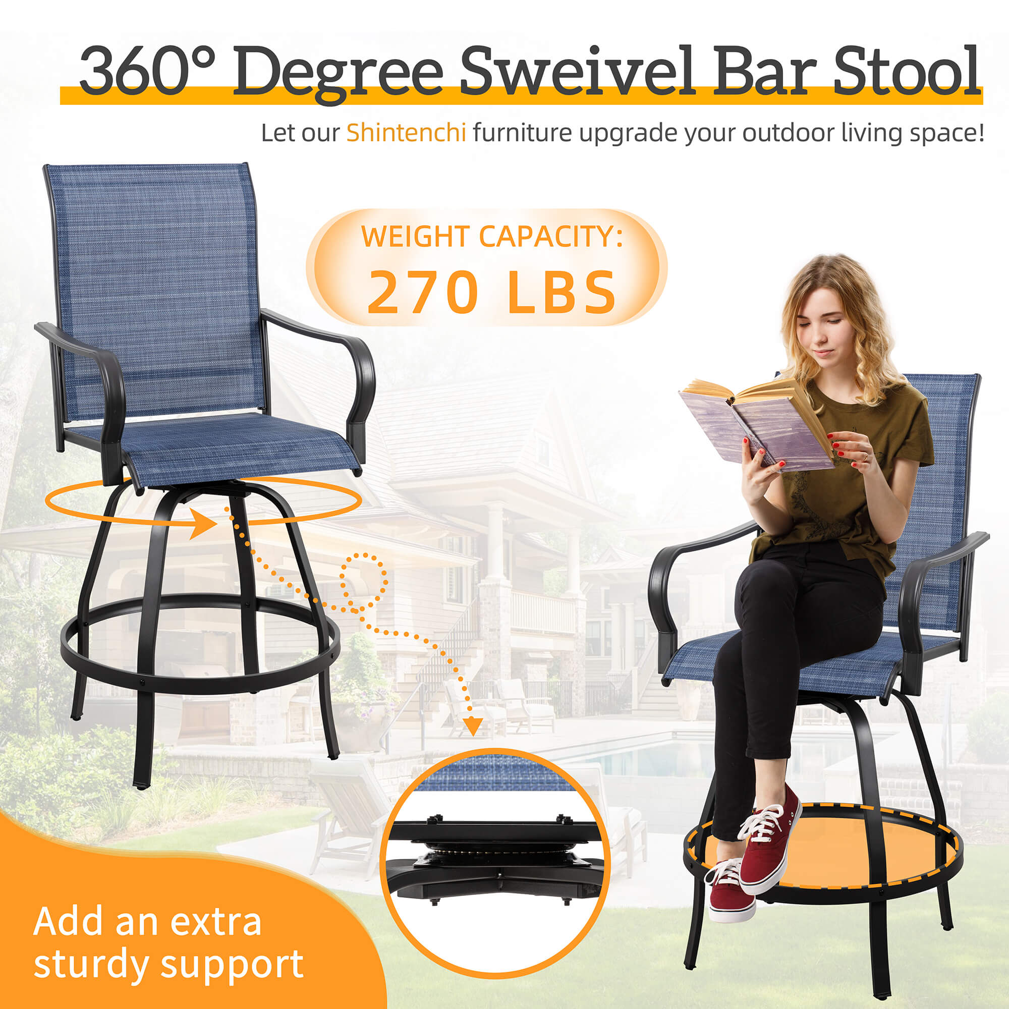 Vongrasig Patio Furniture Outdoor All-Weather Texilene Swivel High Bar Stools Set