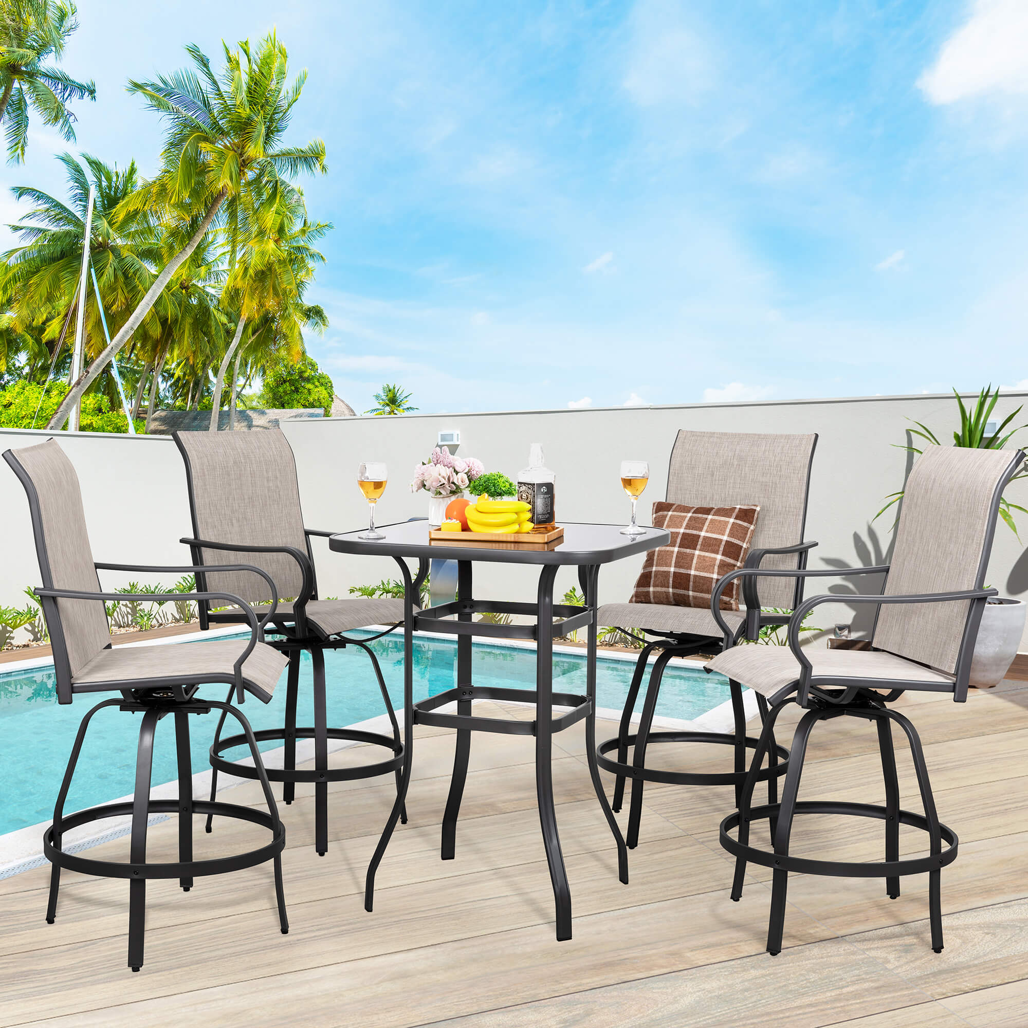 Vongrasig Patio Furniture Outdoor All-Weather Texilene Swivel High Bar Stools Set