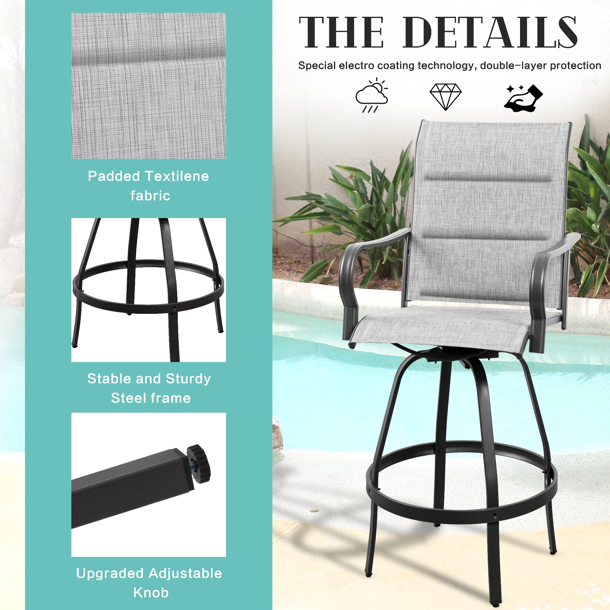Vongrasig 2 Piece Patio Swivel Bar Chairs, All Weather Metal Textile High Swivel Bar Stools Chairs, Outdoor High Top Bistro Set for Backyard, Lawn Garden, Balcony