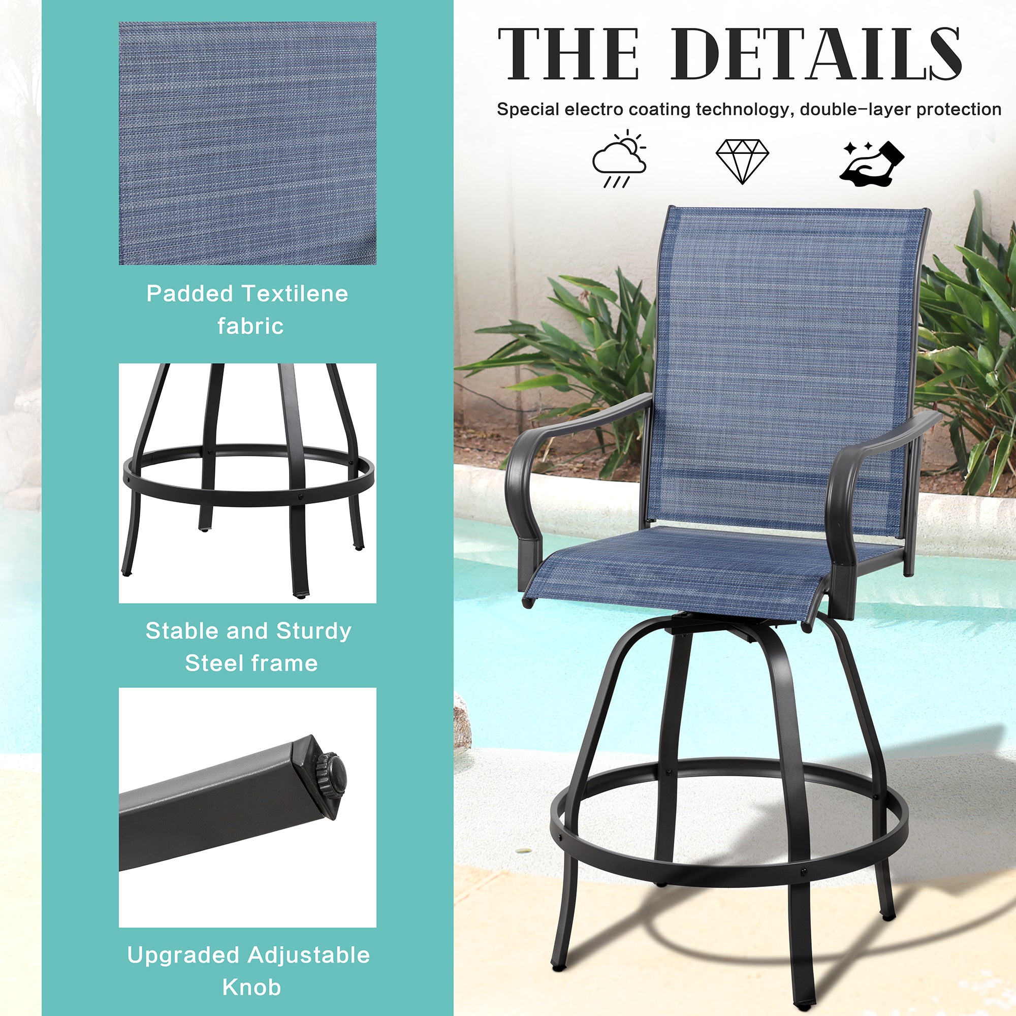 Vongrasig 2 Piece Patio Swivel Bar Chairs, All Weather Metal Textile High Swivel Bar Stools Chairs, Outdoor High Top Bistro Set for Backyard, Lawn Garden, Balcony