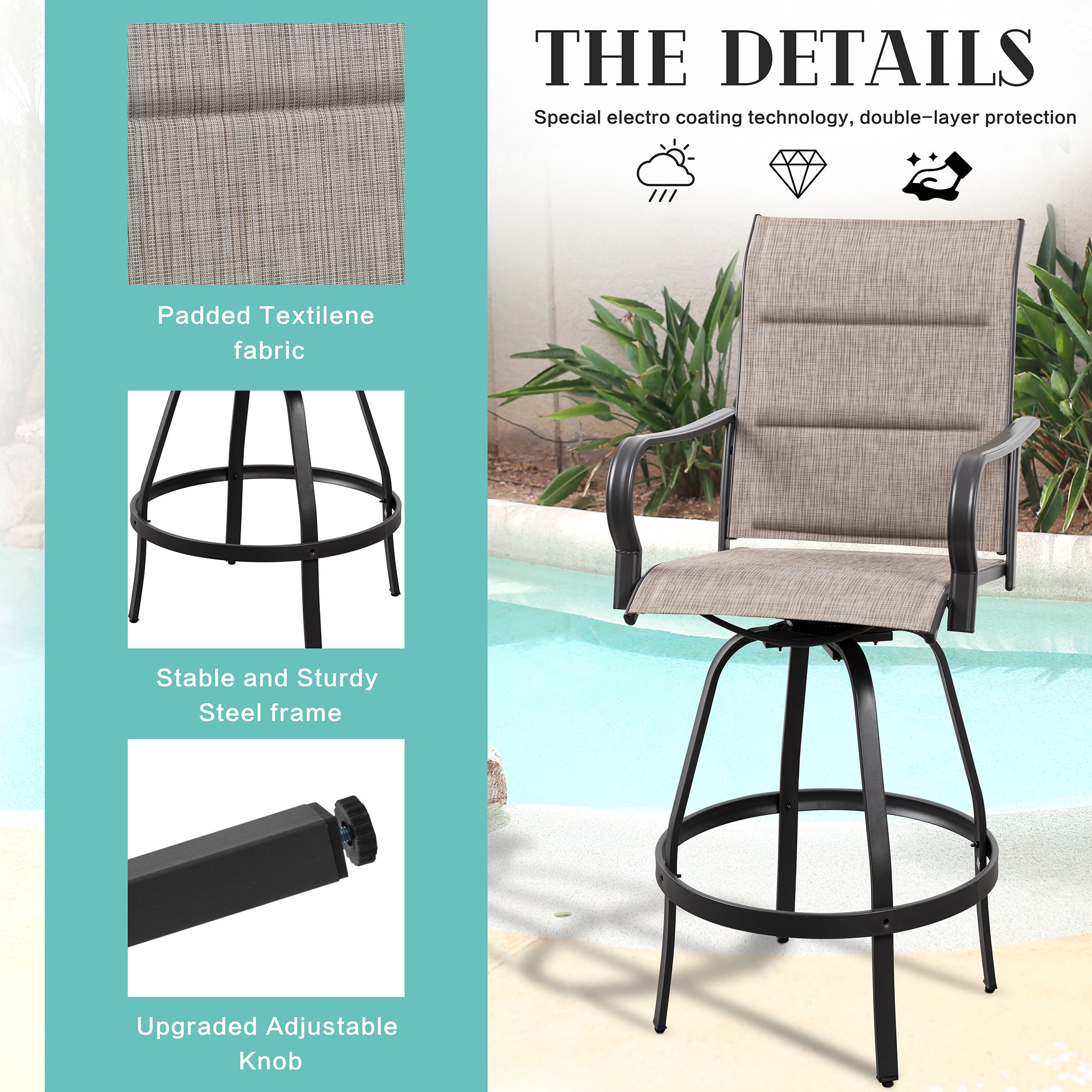Vongrasig 2 Piece Patio Swivel Bar Chairs, All Weather Metal Textile High Swivel Bar Stools Chairs, Outdoor High Top Bistro Set for Backyard, Lawn Garden, Balcony