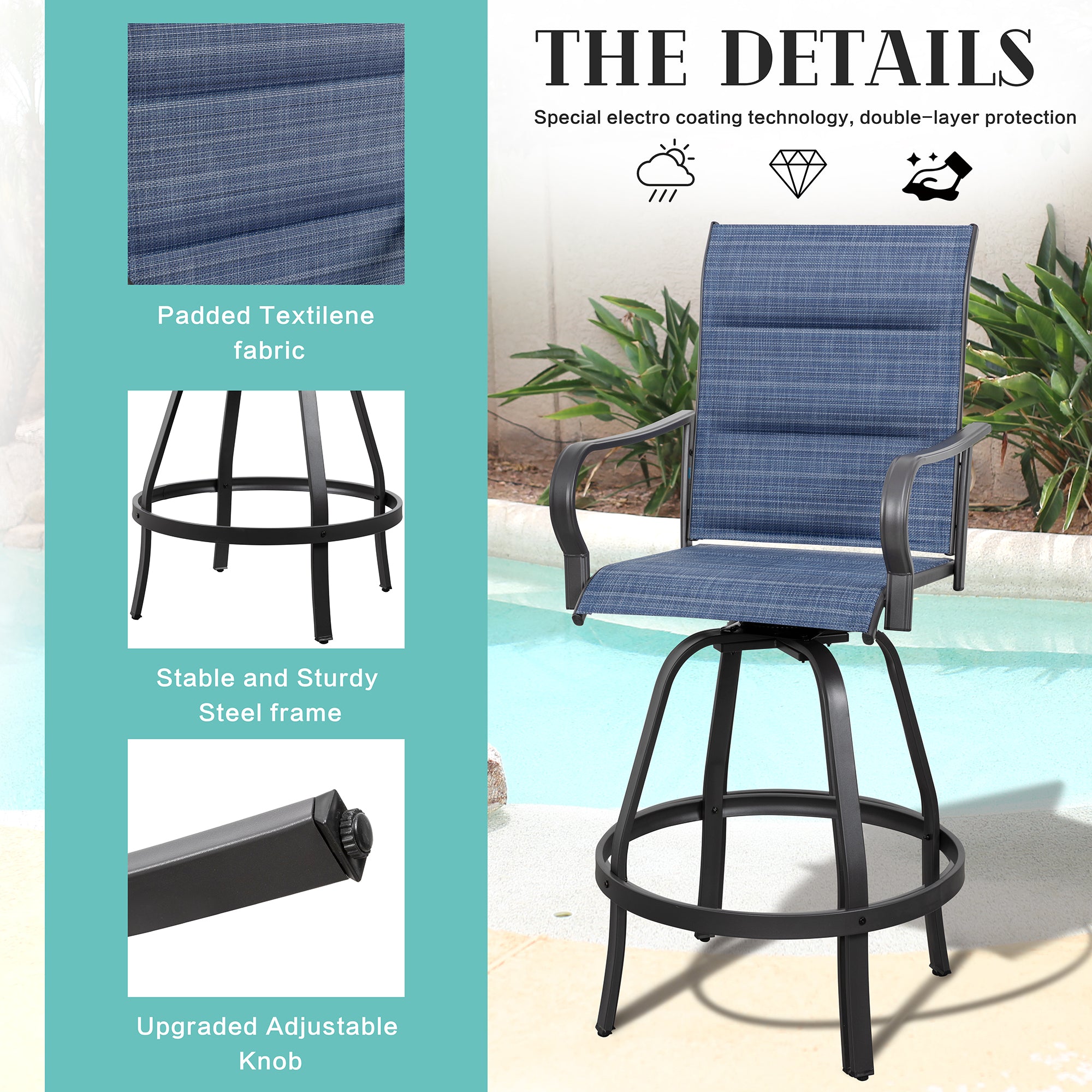 Vongrasig 2 Piece Patio Swivel Bar Chairs, All Weather Metal Textile High Swivel Bar Stools Chairs, Outdoor High Top Bistro Set for Backyard, Lawn Garden, Balcony