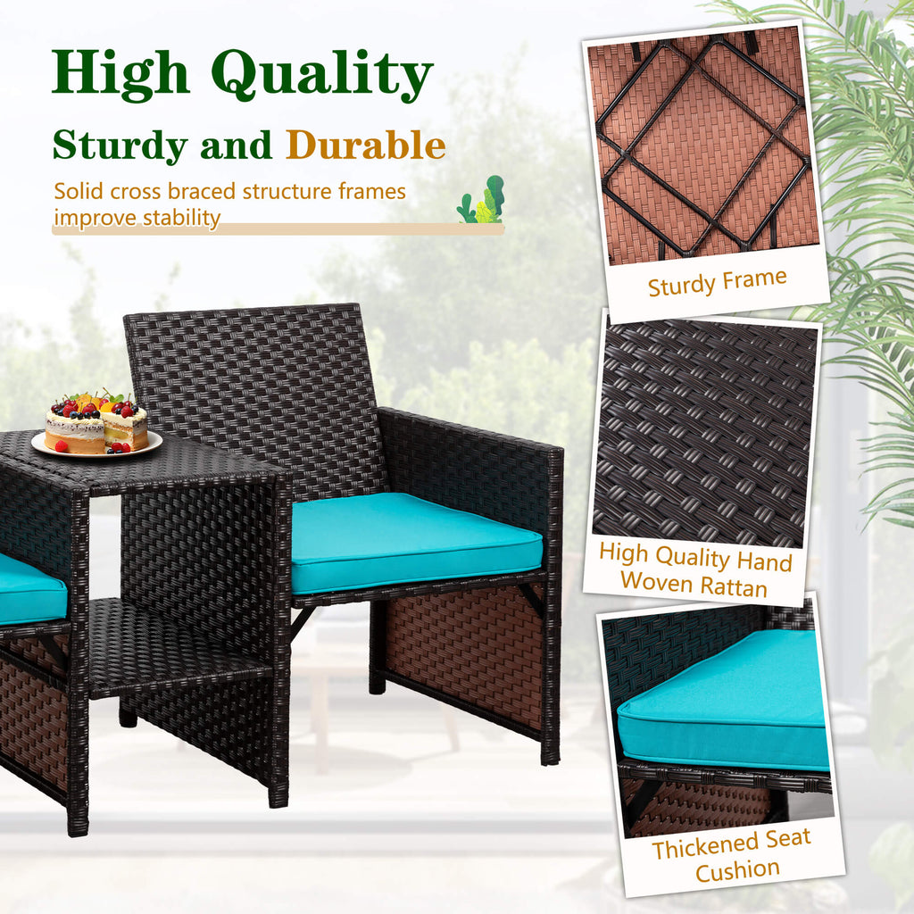 Vongrasig Patio Rattan Conversation Set Seat Sofa Cushioned Loveseat Table Chairs Dark Blue