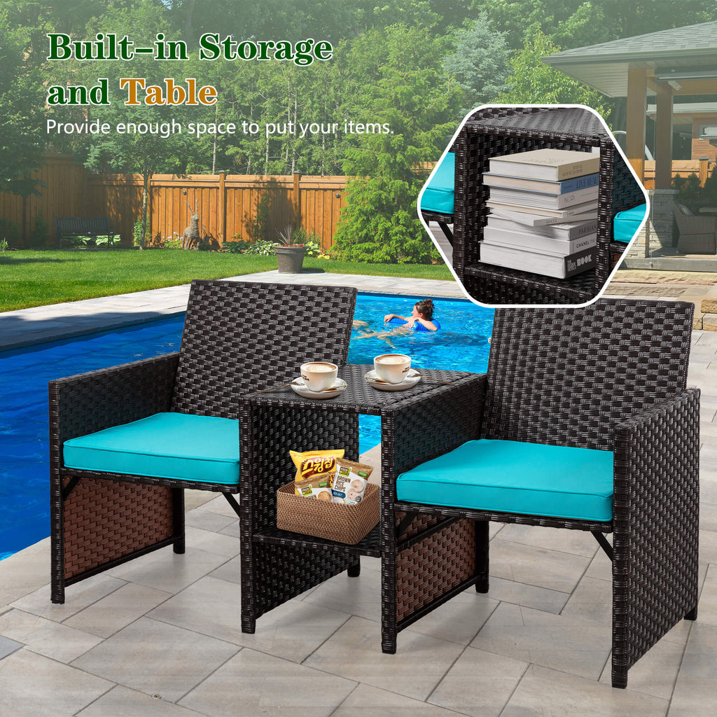 Vongrasig Patio Rattan Conversation Set Seat Sofa Cushioned Loveseat Table Chairs Dark Blue