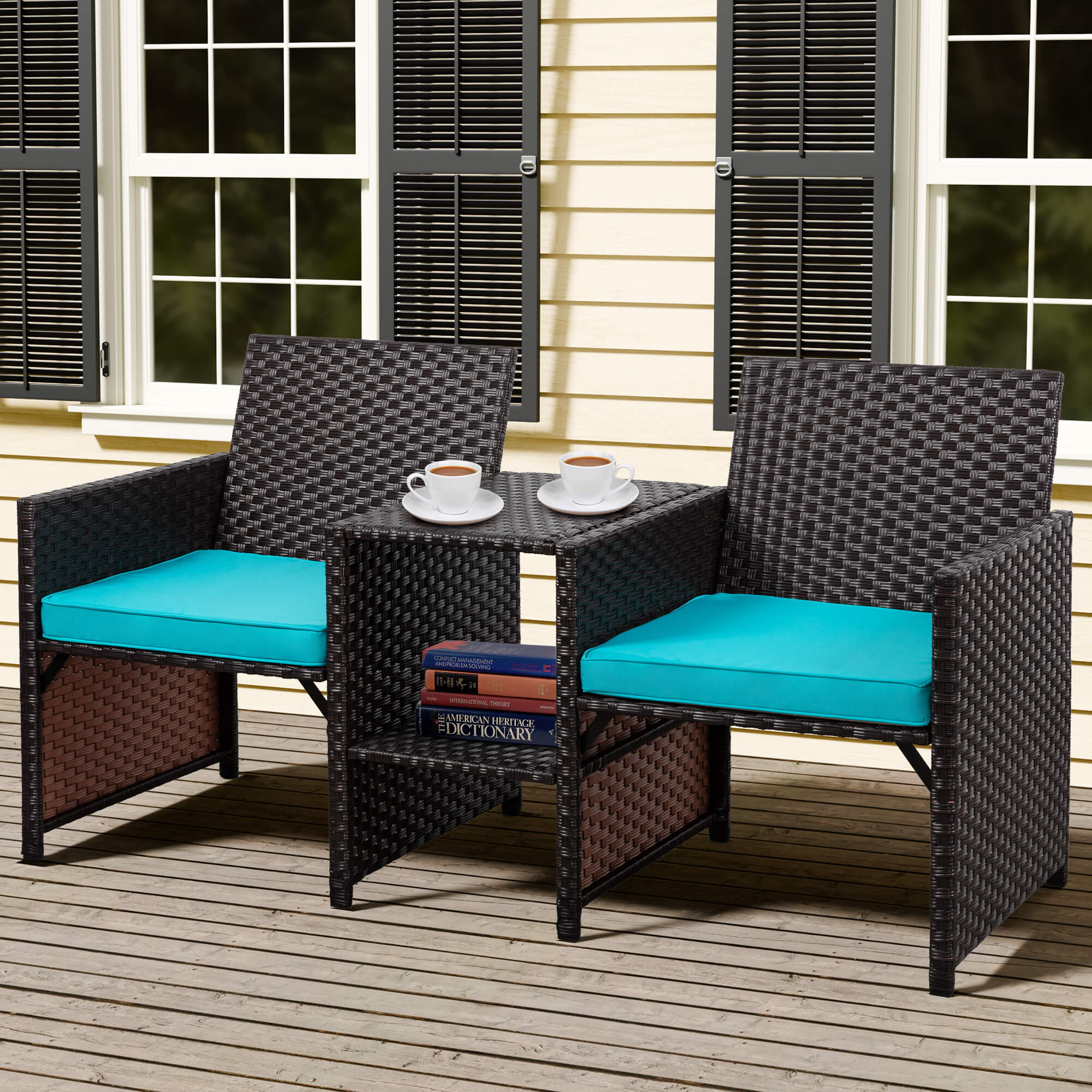 Vongrasig Patio Rattan Conversation Set Seat Sofa Cushioned Loveseat Table Chairs Dark Blue