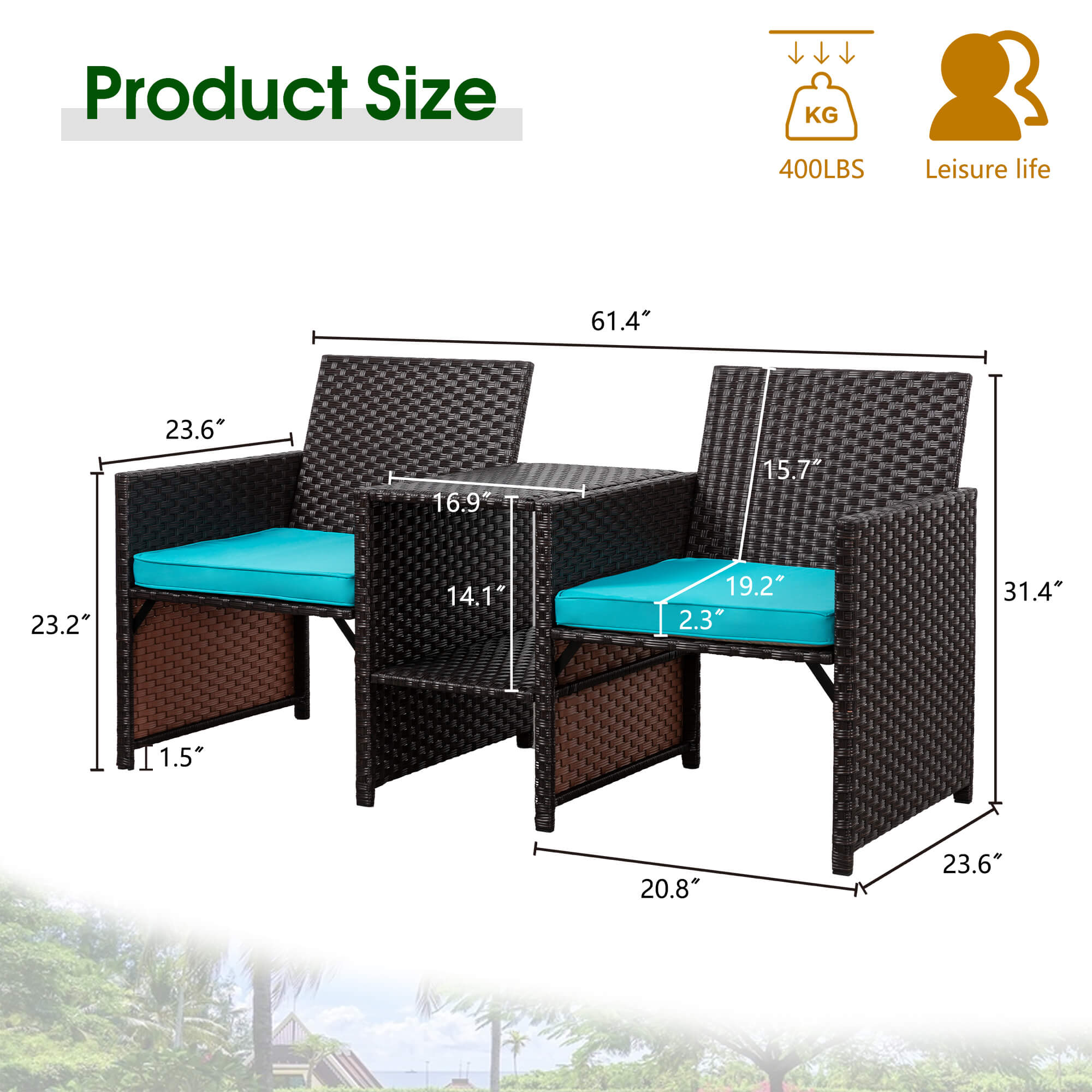 Vongrasig Patio Rattan Conversation Set Seat Sofa Cushioned Loveseat Table Chairs Dark Blue