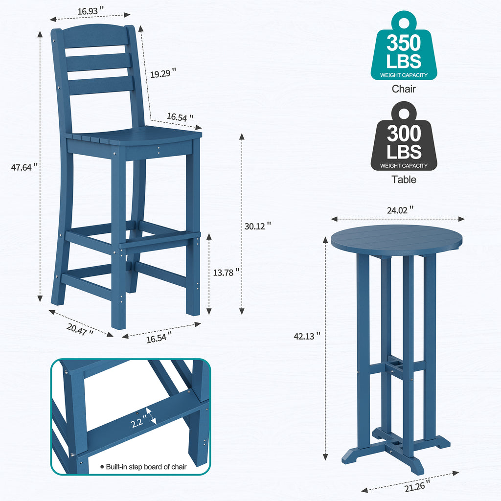 Vongrasig 3 Piece Patio Bar Set, All Weather HDPE High Bistro Stools Chair Set of 2 and Round Pub Bar Table, Outdoor High Top Patio Set for Lawn Garden, Balcony