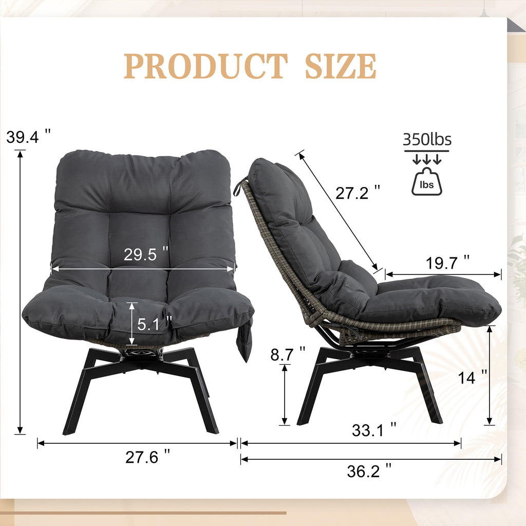 Vongrasig Swivel Wicker Chair PE Rattan Chair with Cushion, Oversized Patio Lounge Chair for Outdoor, Indoor, Balcony, Backyard, Garden, Living Room