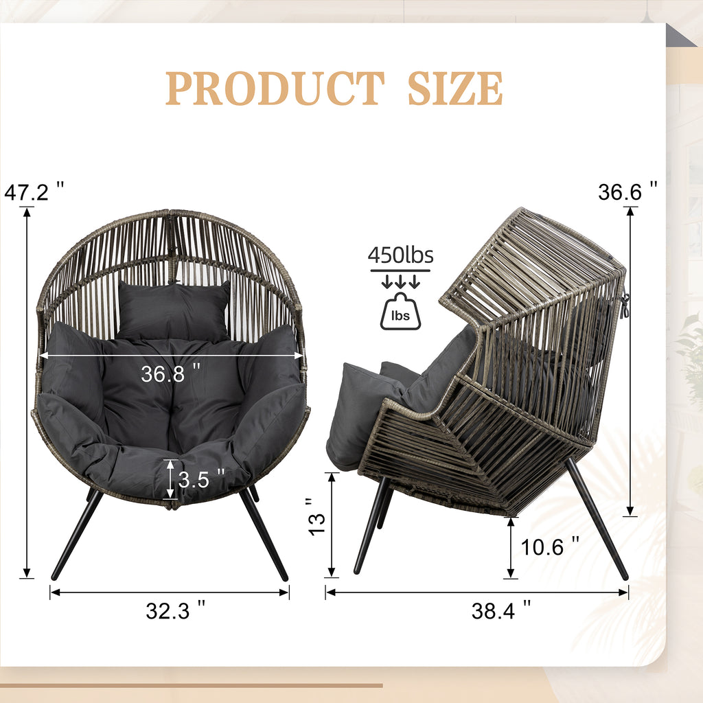 Vongrasig Outdoor Wicker Egg Chair PE Rattan Chair with Cushion, Oversized Patio Lounge Chair for Outdoor, Indoor, Balcony, Backyard, Garden