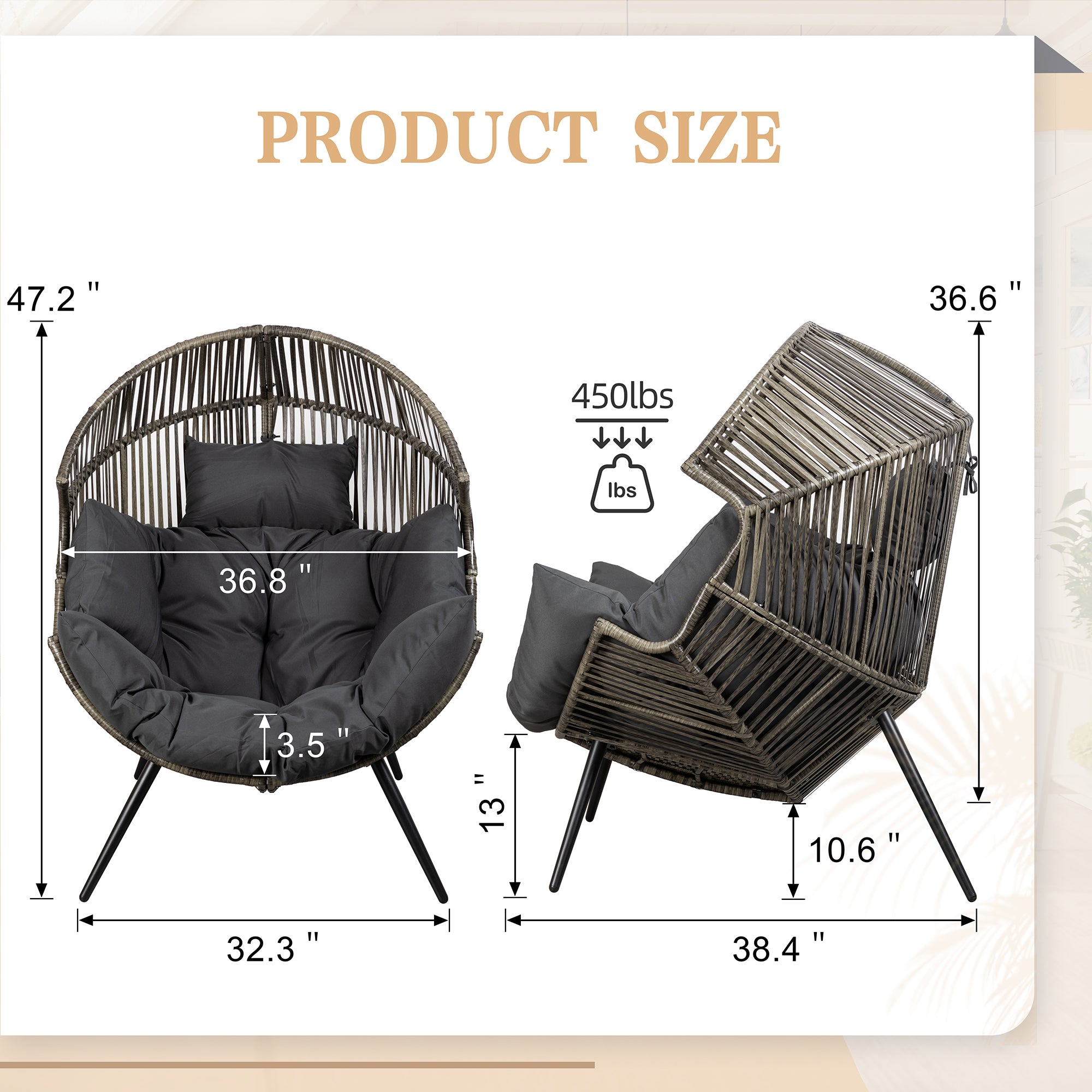 Vongrasig Outdoor Wicker Egg Chair PE Rattan Chair with Cushion, Oversized Patio Lounge Chair for Outdoor, Indoor, Balcony, Backyard, Garden