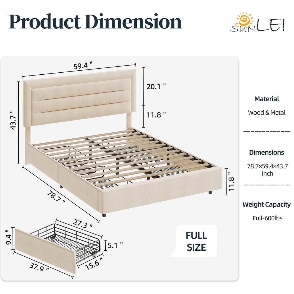 Walsunny Bed Frame with 4 Storage Drawee, Platform Bed with Upholstered Modern Geometric Lines Headboard, Solid Wood Slats Support (7504162390192)