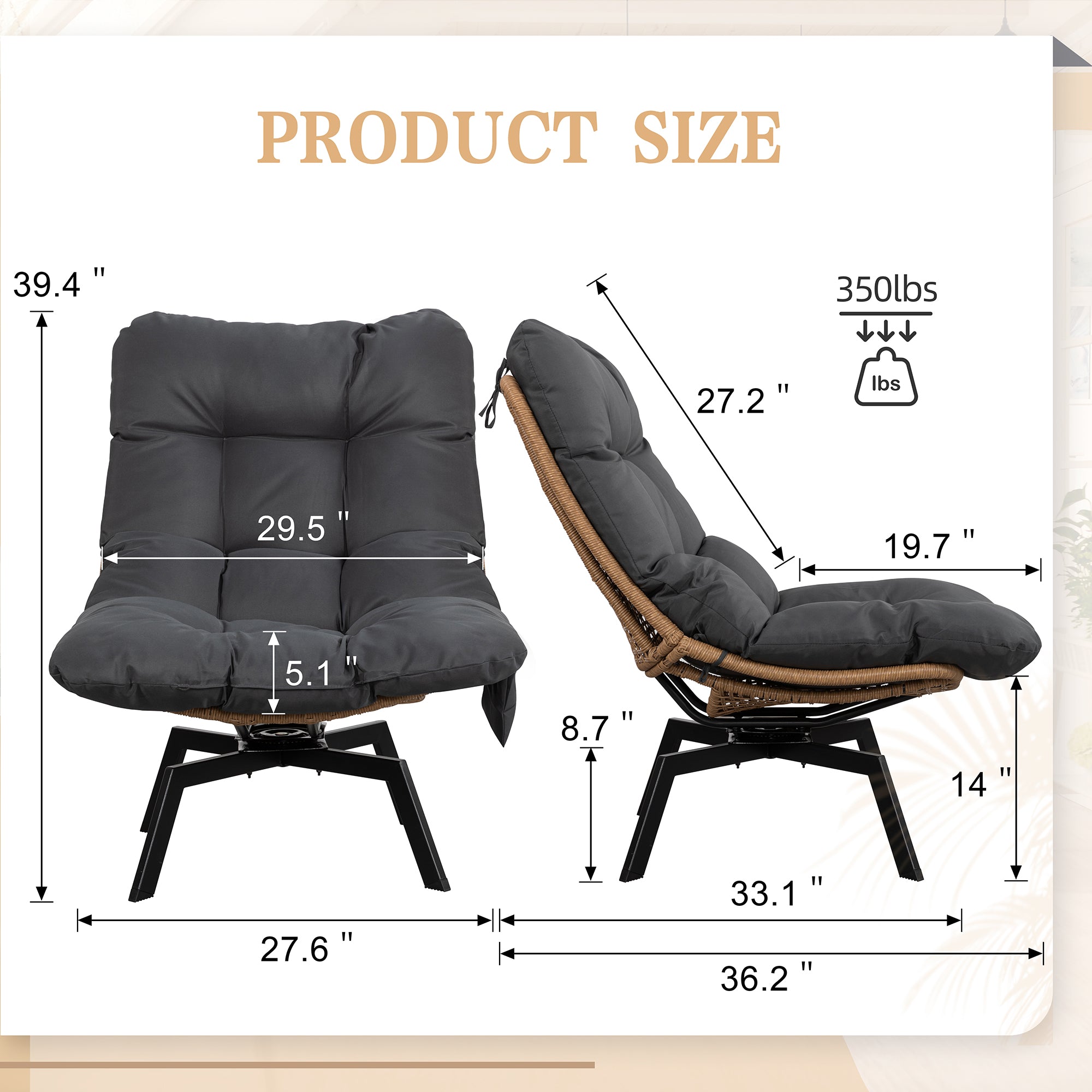 Vongrasig Swivel Wicker Chair PE Rattan Chair with Cushion, Oversized Patio Lounge Chair for Outdoor, Indoor, Balcony, Backyard, Garden, Living Room