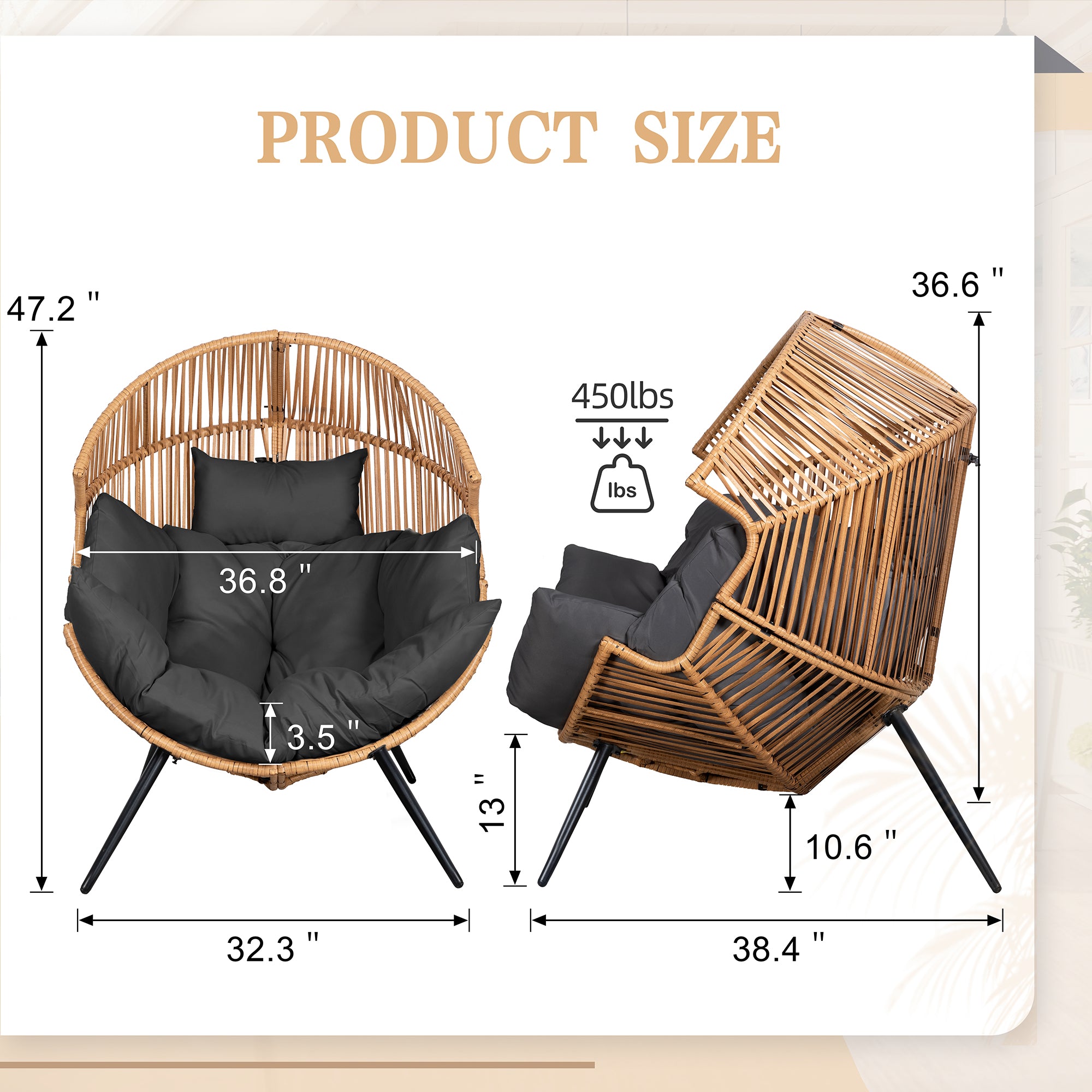 Vongrasig Outdoor Wicker Egg Chair PE Rattan Chair with Cushion, Oversized Patio Lounge Chair for Outdoor, Indoor, Balcony, Backyard, Garden