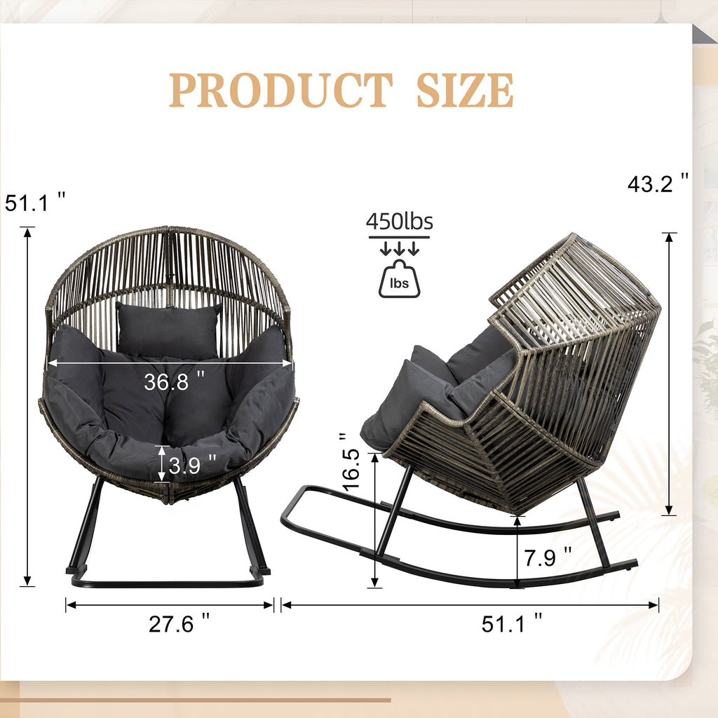 Vongrasig Outdoor Wicker Egg Chair PE Rattan Chair with Cushion, Oversized Patio Lounge Chair for Outdoor, Indoor, Balcony, Backyard, Garden