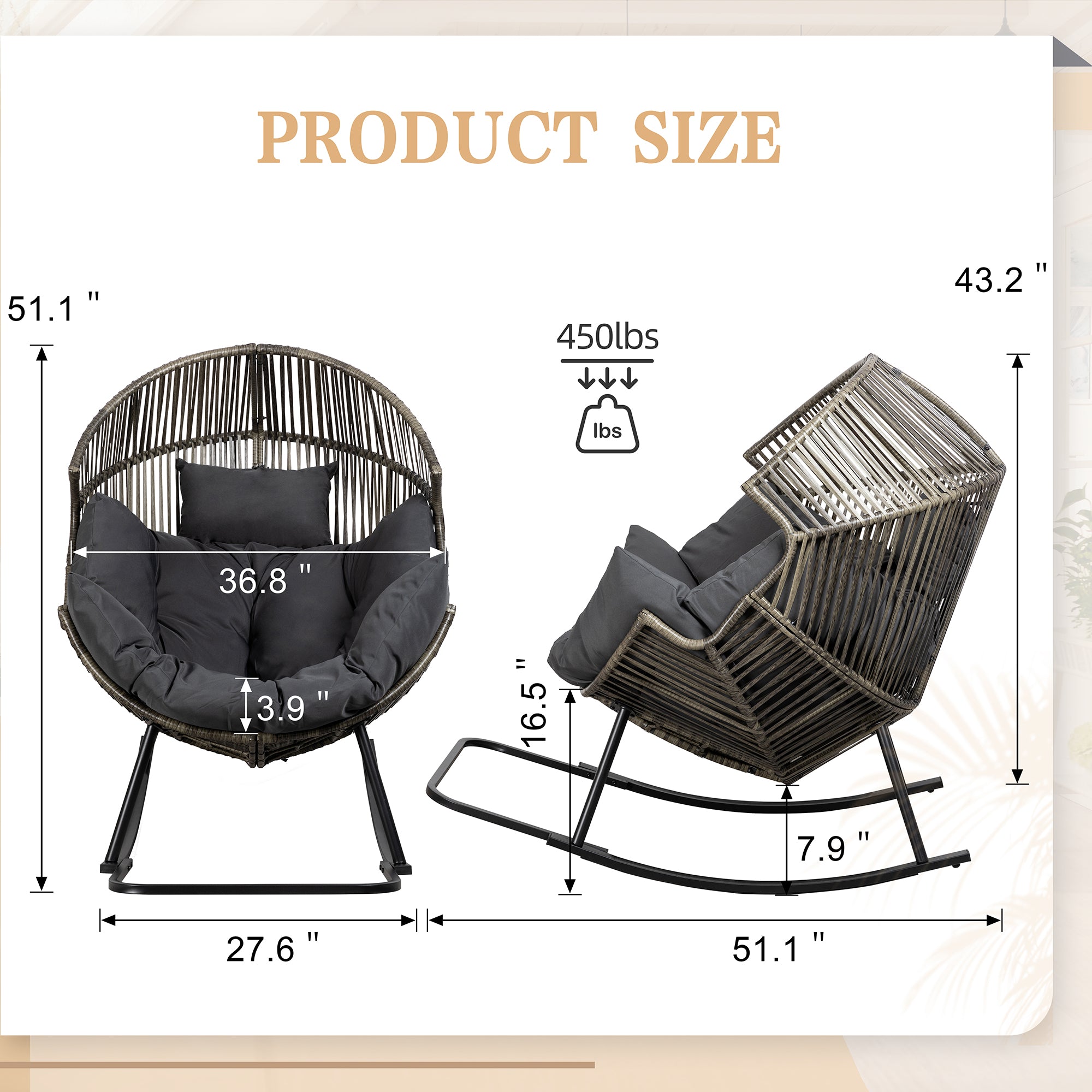 Vongrasig Outdoor Wicker Egg Chair PE Rattan Chair with Cushion, Oversized Patio Lounge Chair for Outdoor, Indoor, Balcony, Backyard, Garden