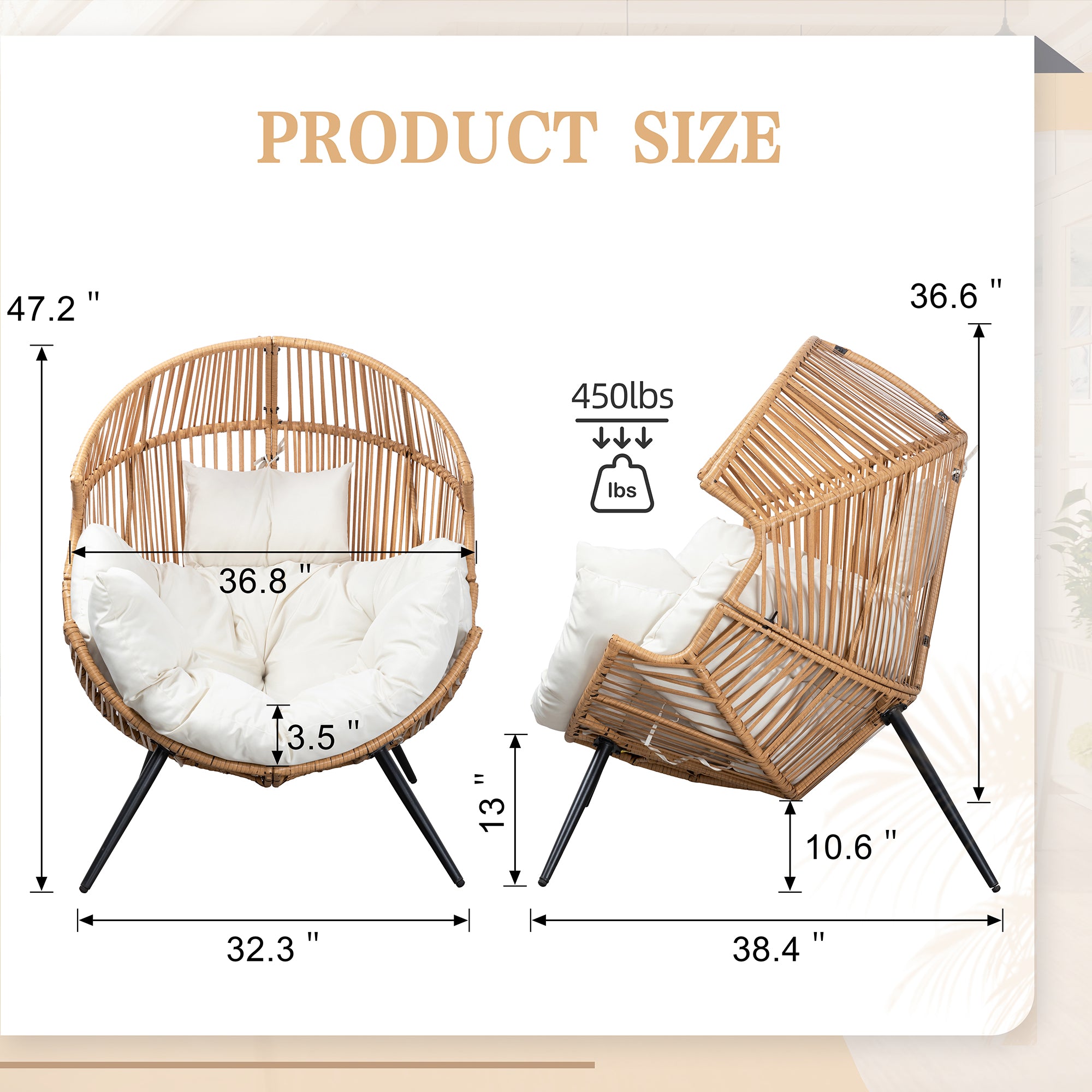 Vongrasig Outdoor Wicker Egg Chair PE Rattan Chair with Cushion, Oversized Patio Lounge Chair for Outdoor, Indoor, Balcony, Backyard, Garden