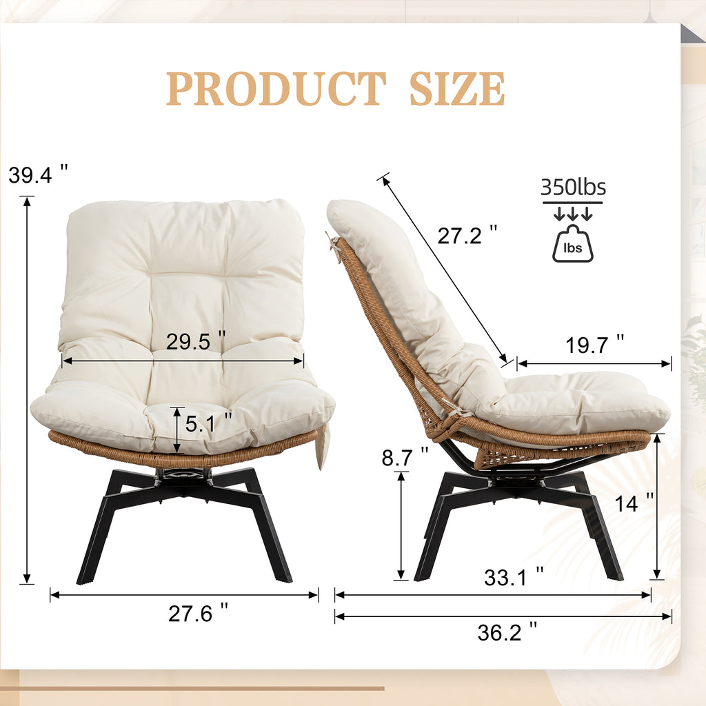 Vongrasig Swivel Wicker Chair PE Rattan Chair with Cushion, Oversized Patio Lounge Chair for Outdoor, Indoor, Balcony, Backyard, Garden, Living Room