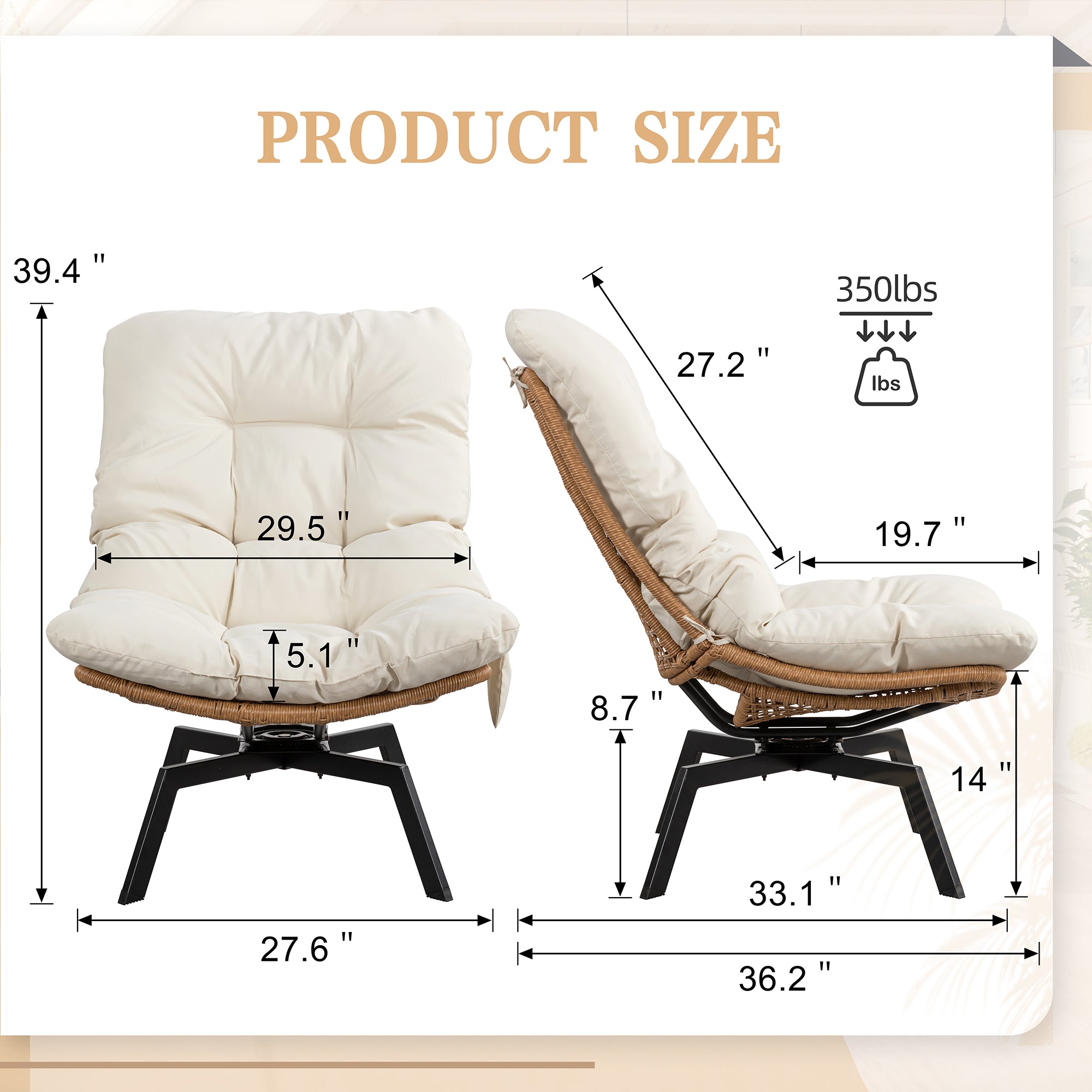 Vongrasig Swivel Wicker Chair PE Rattan Chair with Cushion, Oversized Patio Lounge Chair for Outdoor, Indoor, Balcony, Backyard, Garden, Living Room