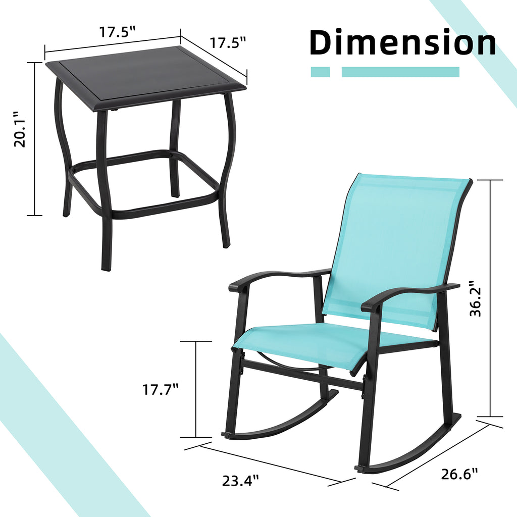 Vongrasig 3 Piece Outdoor Rocking Bistro Set, Textilene Fabric Small Patio Furniture Set, Front Porch Rocker Chairs Conversation Set with Glass Table for Lawn, Garden, Balcony, Poolside