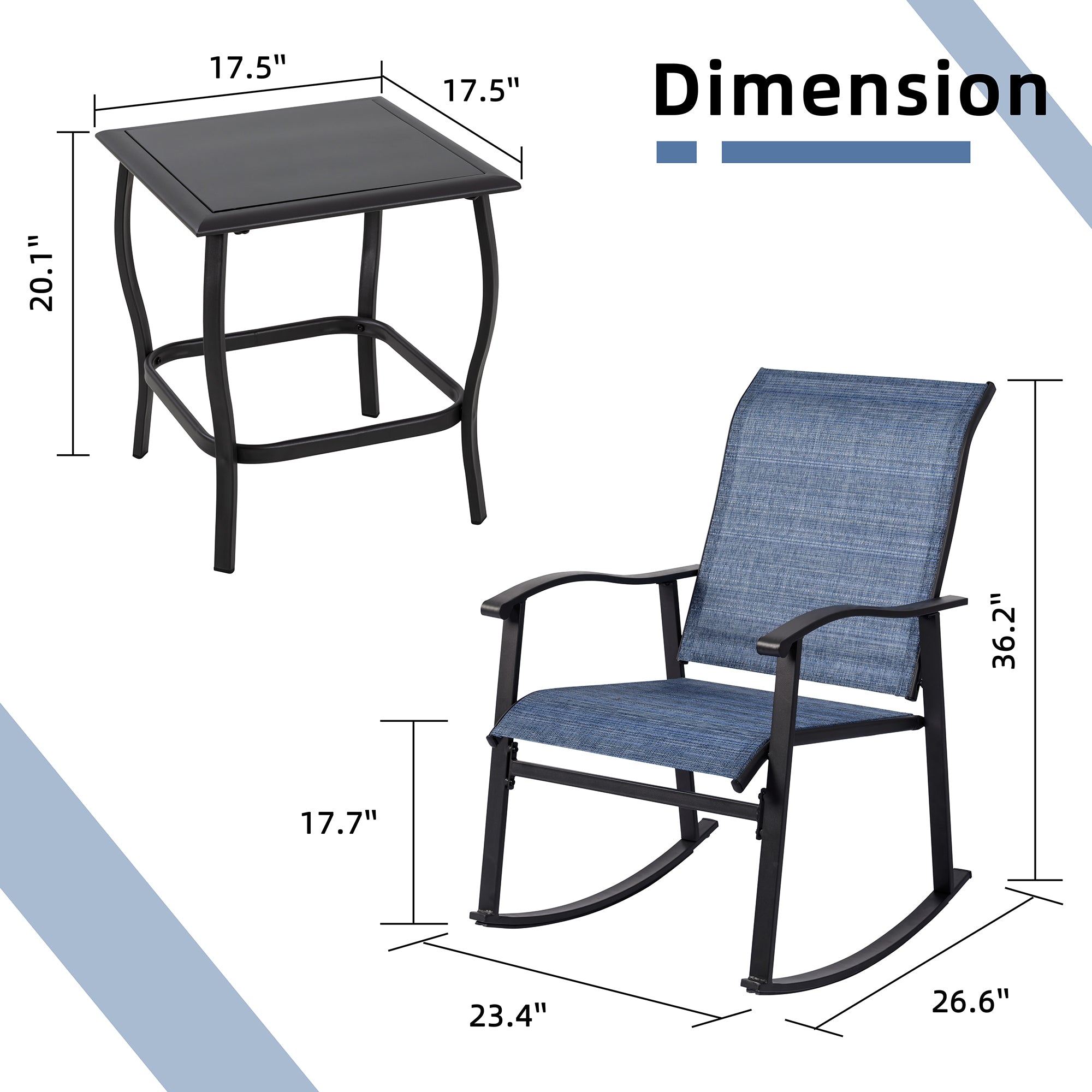 Vongrasig 3 Piece Outdoor Rocking Bistro Set, Textilene Fabric Small Patio Furniture Set, Front Porch Rocker Chairs Conversation Set with Glass Table for Lawn, Garden, Balcony, Poolside
