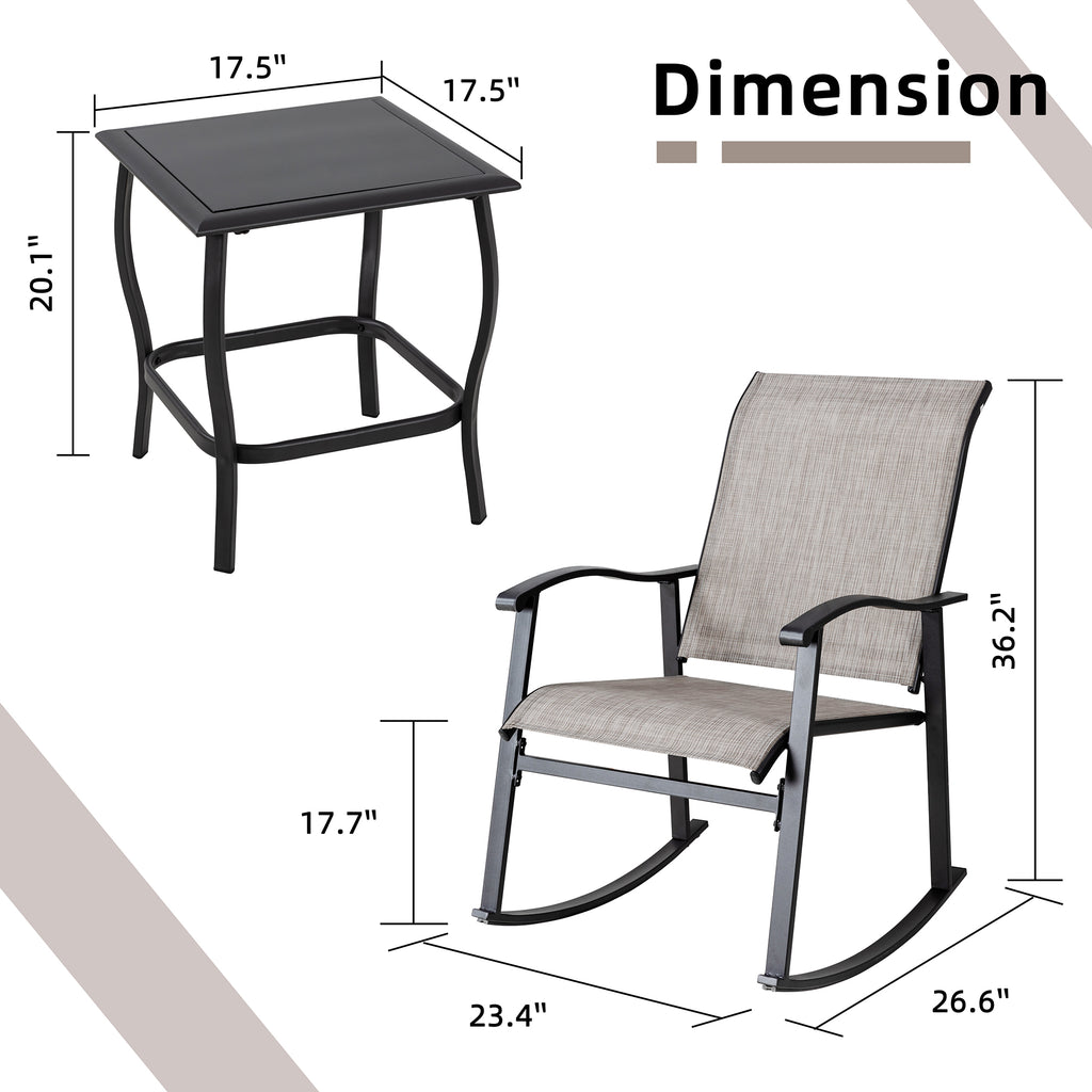 Vongrasig 3 Piece Outdoor Rocking Bistro Set, Textilene Fabric Small Patio Furniture Set, Front Porch Rocker Chairs Conversation Set with Glass Table for Lawn, Garden, Balcony, Poolside