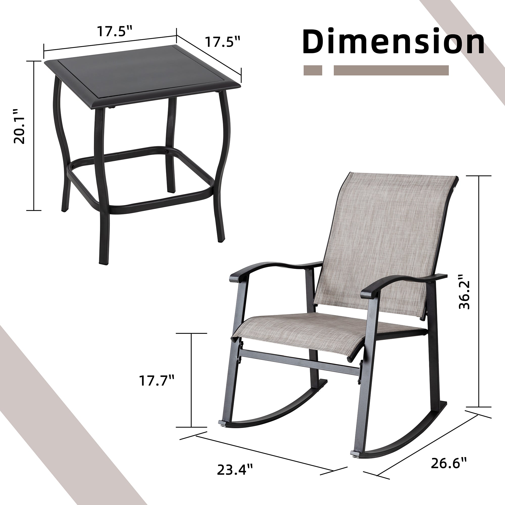 Vongrasig 3 Piece Outdoor Rocking Bistro Set, Textilene Fabric Small Patio Furniture Set, Front Porch Rocker Chairs Conversation Set with Glass Table for Lawn, Garden, Balcony, Poolside