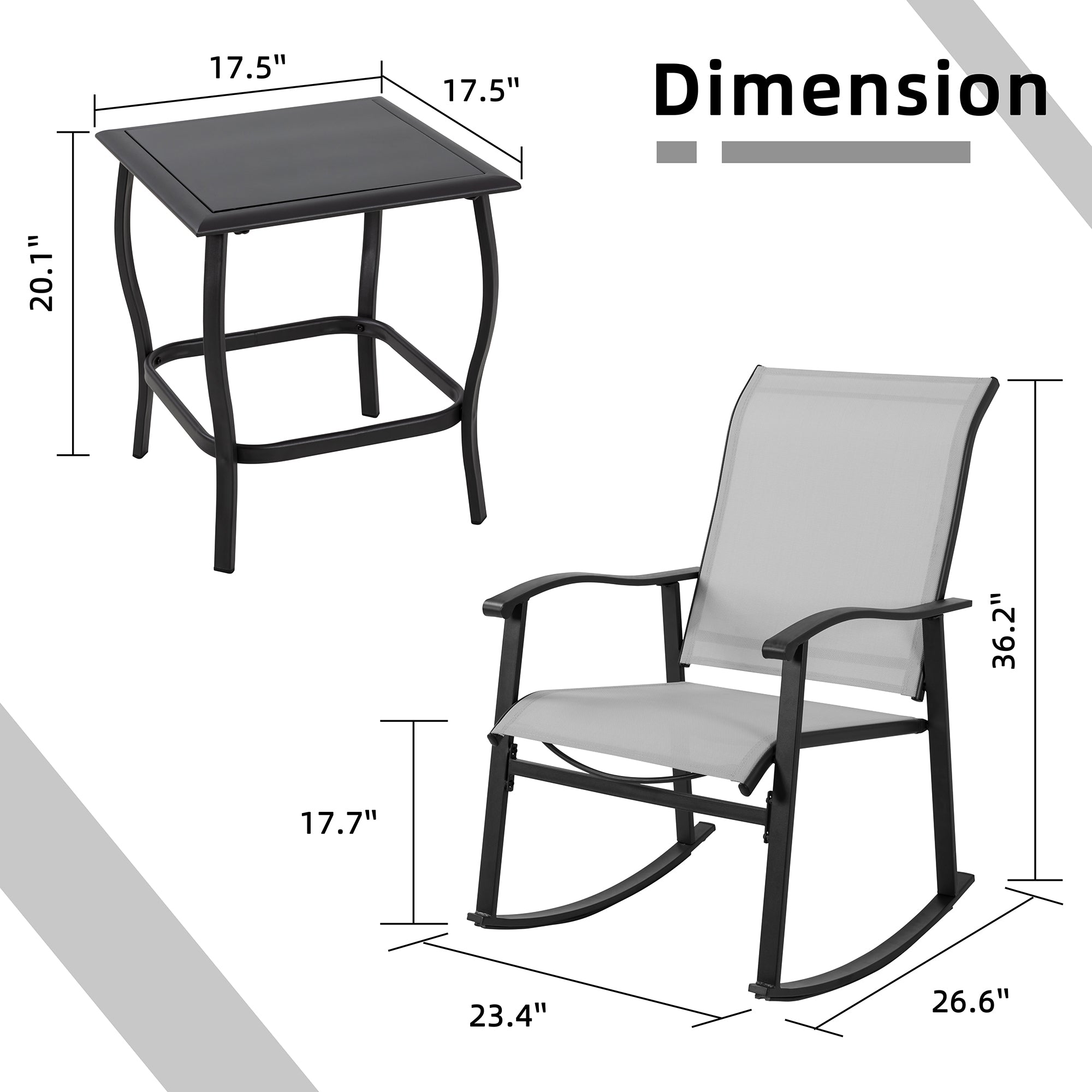 Vongrasig 3 Piece Outdoor Rocking Bistro Set, Textilene Fabric Small Patio Furniture Set, Front Porch Rocker Chairs Conversation Set with Glass Table for Lawn, Garden, Balcony, Poolside