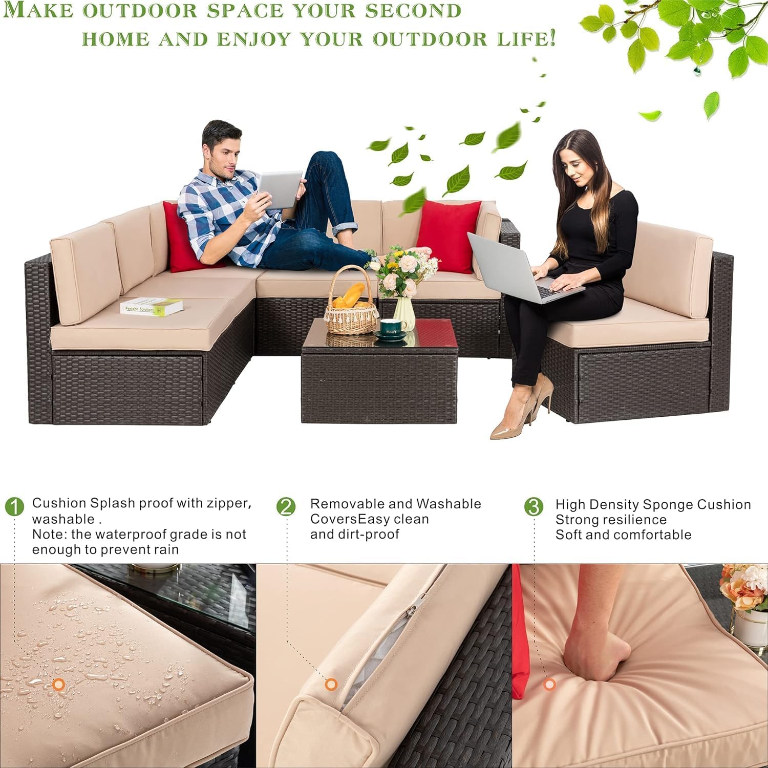 Vongrasig Patio Furniture Sets, Outdoor Patio Set Sectional Sofa, All-Weather PE Rattan Outdoor Couch with Ottoman, Glass Table for Garden, Backyard, Porch