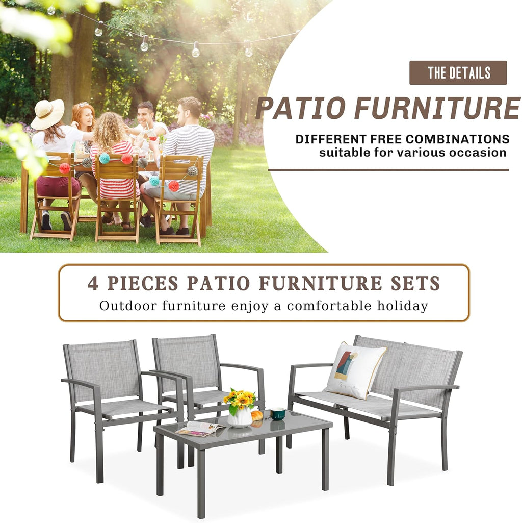 Vongrasig 4 Pieces Patio Furniture Sets,Outdoor Patio Conversation Sets with Glass Coffee Table, Small Porch Balcony Furniture, Patio Table and Chairs Set for Garden, Backyard