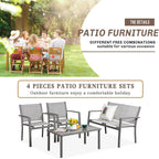 Vongrasig 4 Pieces Patio Furniture Sets,Outdoor Patio Conversation Sets with Glass Coffee Table, Small Porch Balcony Furniture, Patio Table and Chairs Set for Garden, Backyard