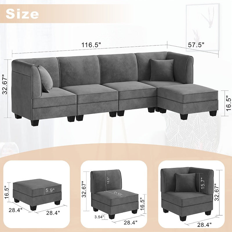 Walsunny 5 Pieces Modular L-Shaped Velvet Couch Sofa with Reversible Chaise (7223391125680)