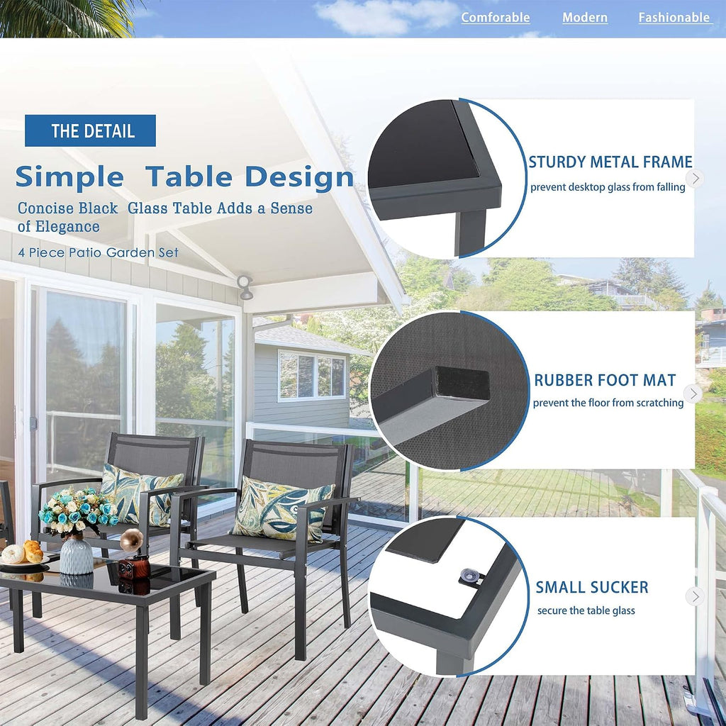 Vongrasig 4 Pieces Patio Furniture Sets,Outdoor Patio Conversation Sets with Glass Coffee Table, Small Porch Balcony Furniture, Patio Table and Chairs Set for Garden, Backyard