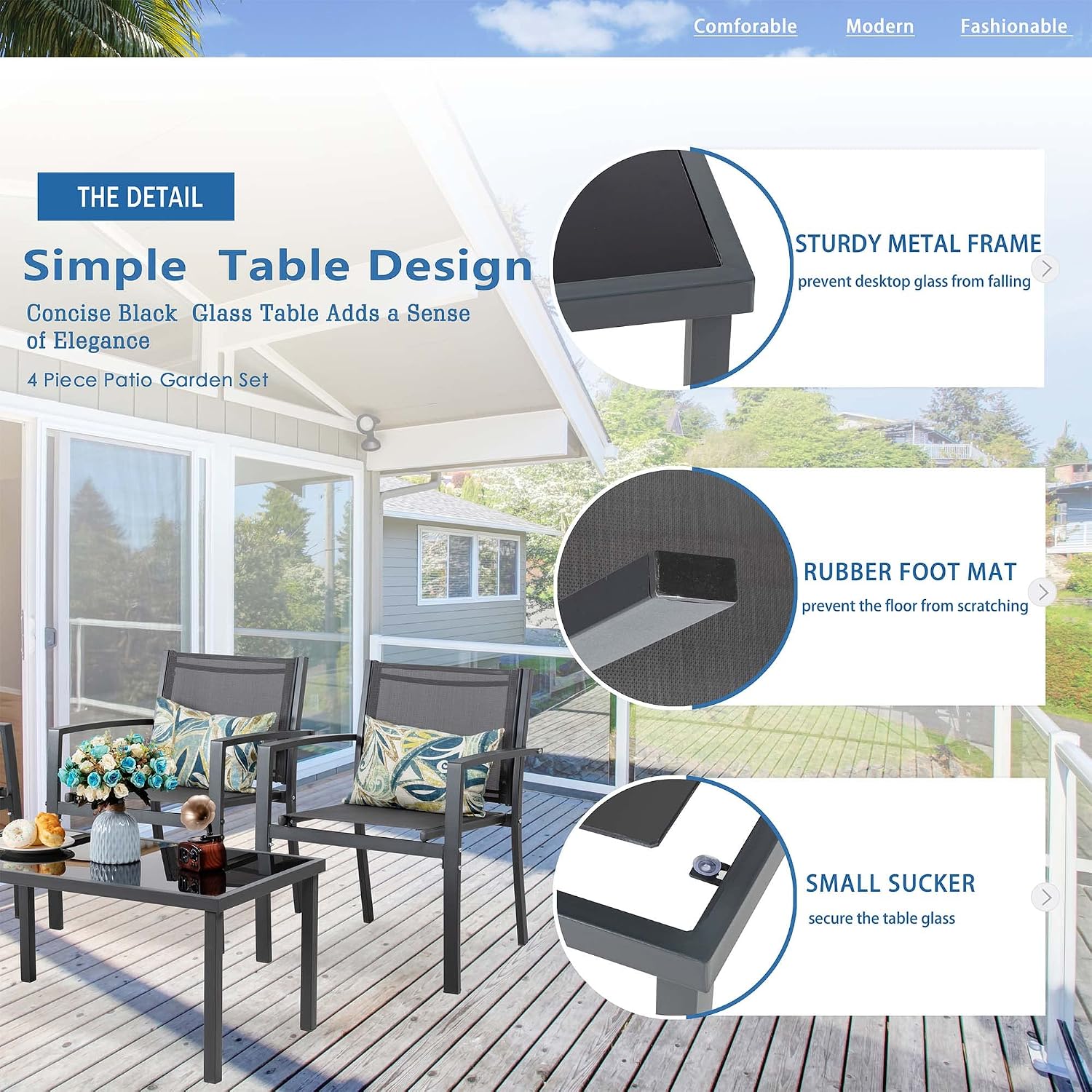 Vongrasig 4 Pieces Patio Furniture Sets,Outdoor Patio Conversation Sets with Glass Coffee Table, Small Porch Balcony Furniture, Patio Table and Chairs Set for Garden, Backyard