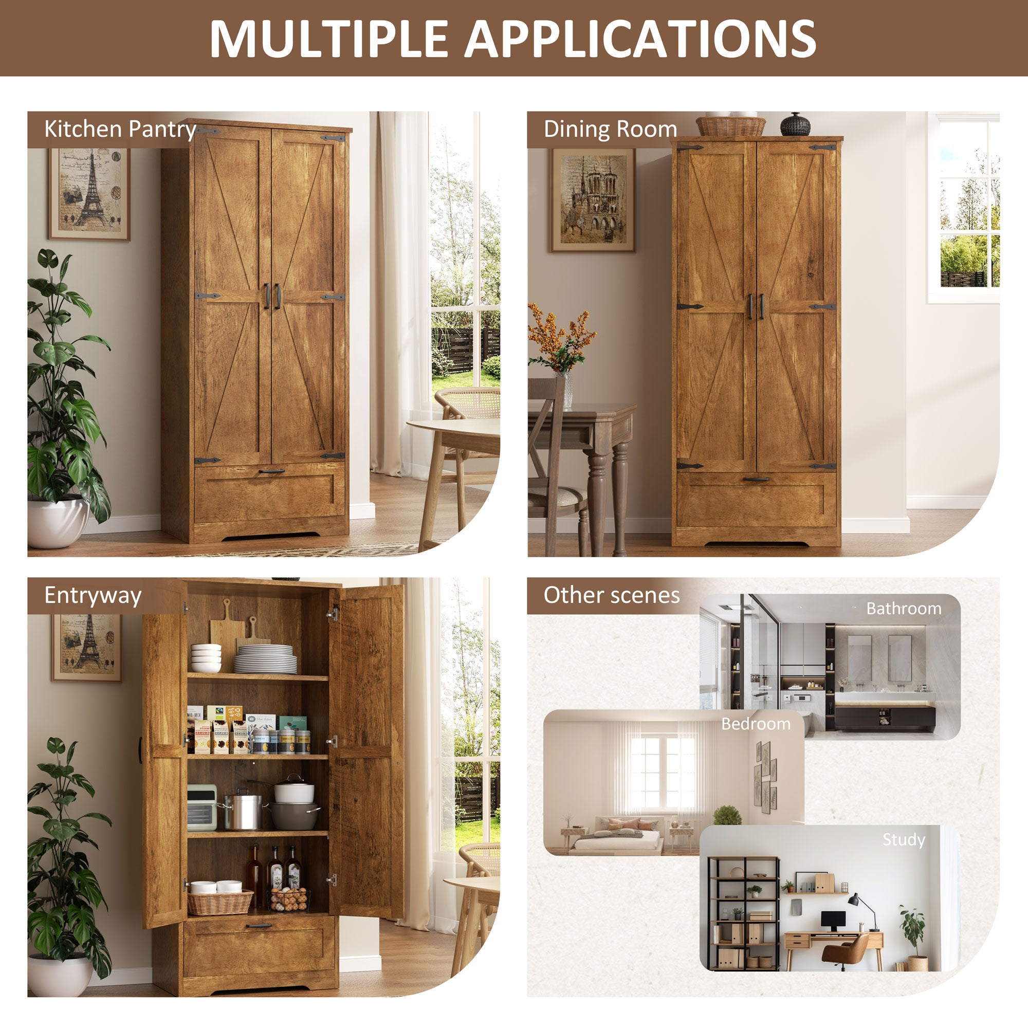 Vongrasig Kitchen Pantry Storage Cabinet with Barn Doors, Drawer and Adjustable Shelves, 4-Tier Tall Rustic Wood Cupboard Locker for Kitchen, Living Room, Bathroom, Dining Room