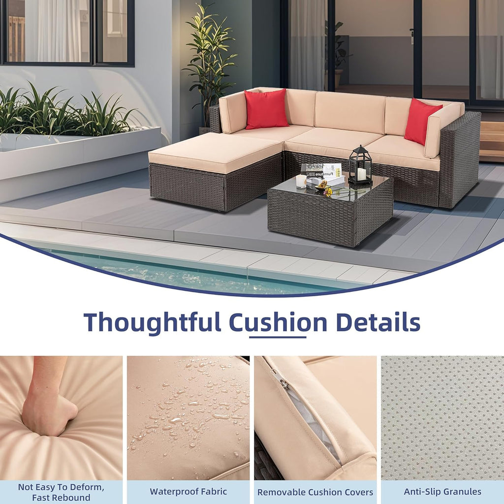 Vongrasig Patio Furniture Sets, Outdoor Patio Set Sectional Sofa, All-Weather PE Rattan Outdoor Couch with Ottoman, Glass Table for Garden, Backyard, Porch