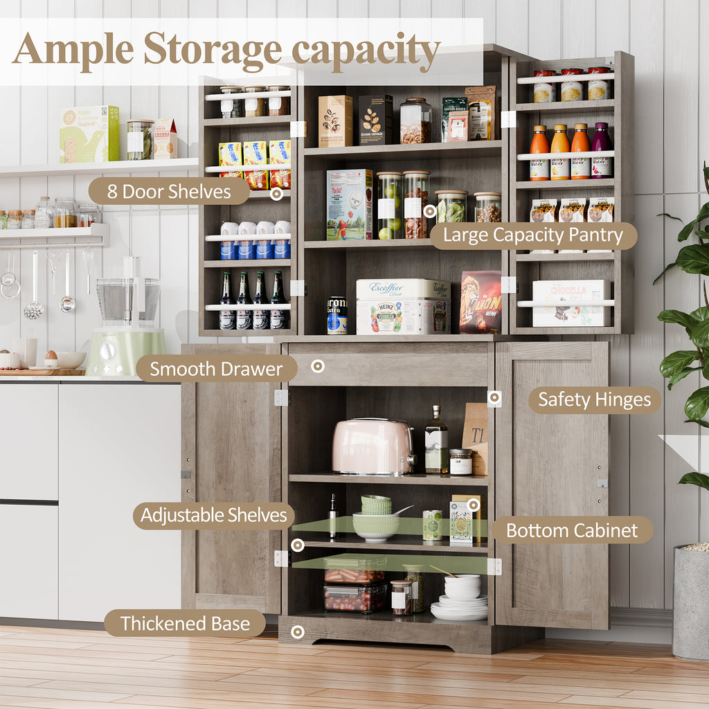 Vongrasig Kitchen Pantry Storage Cabinet with Barn Doors, Drawer and Adjustable Shelves, 6-Tier Tall Rustic Wood Cupboard Locker for Kitchen, Dining Room, Living Room, Bathroom