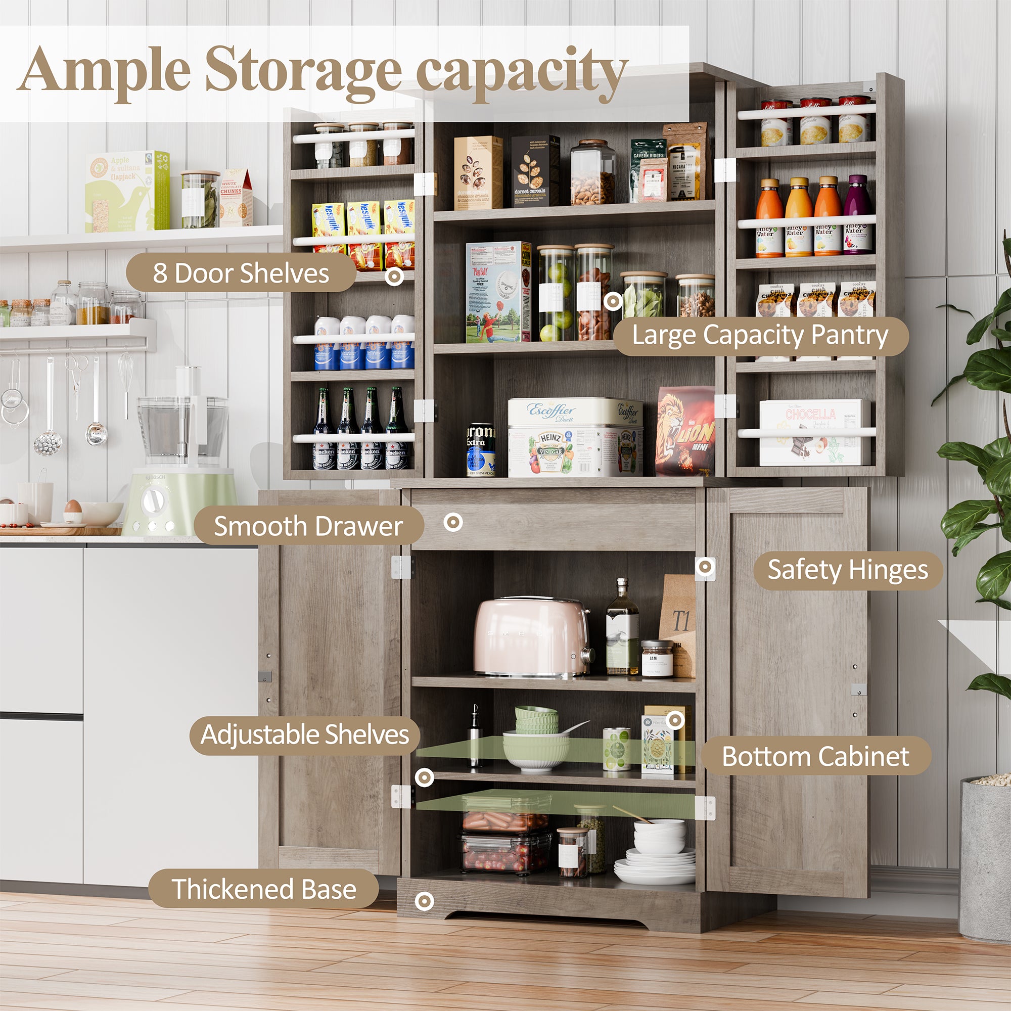 Vongrasig Kitchen Pantry Storage Cabinet with Barn Doors, Drawer and Adjustable Shelves, 6-Tier Tall Rustic Wood Cupboard Locker for Kitchen, Dining Room, Living Room, Bathroom